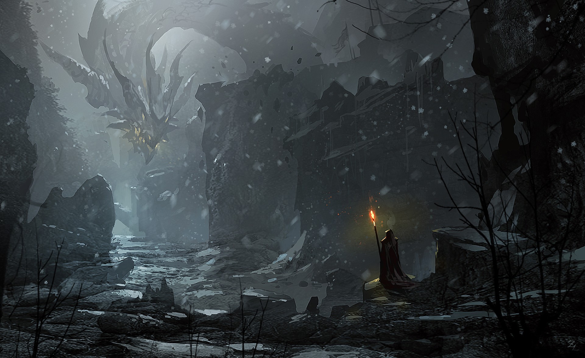 Dragon and Wizard in a Snowy Landscape HD Wallpaper