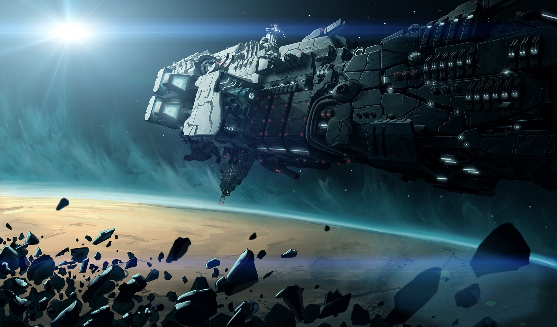 Science fiction artwork of a spaceship over a planet HD Wallpaper