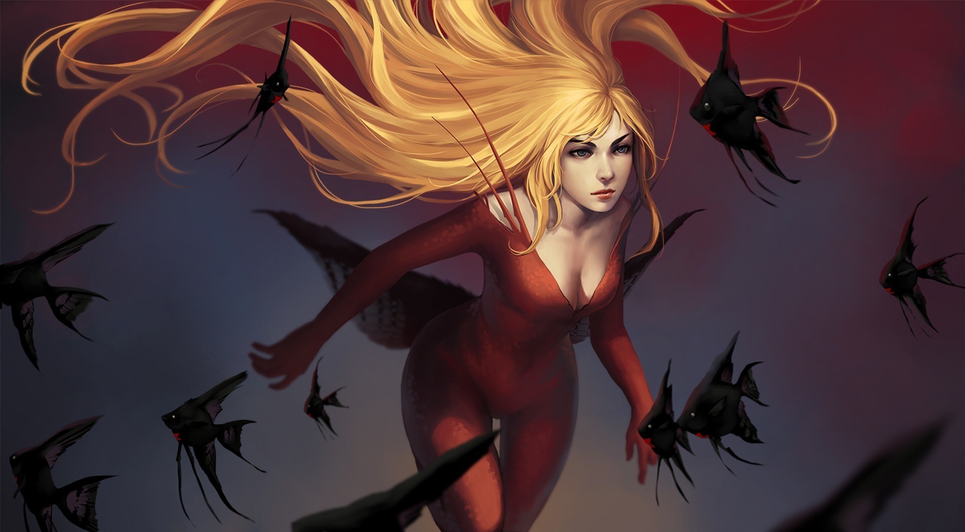 Fantasy art of a woman with blonde hair and black fish HD Wallpaper