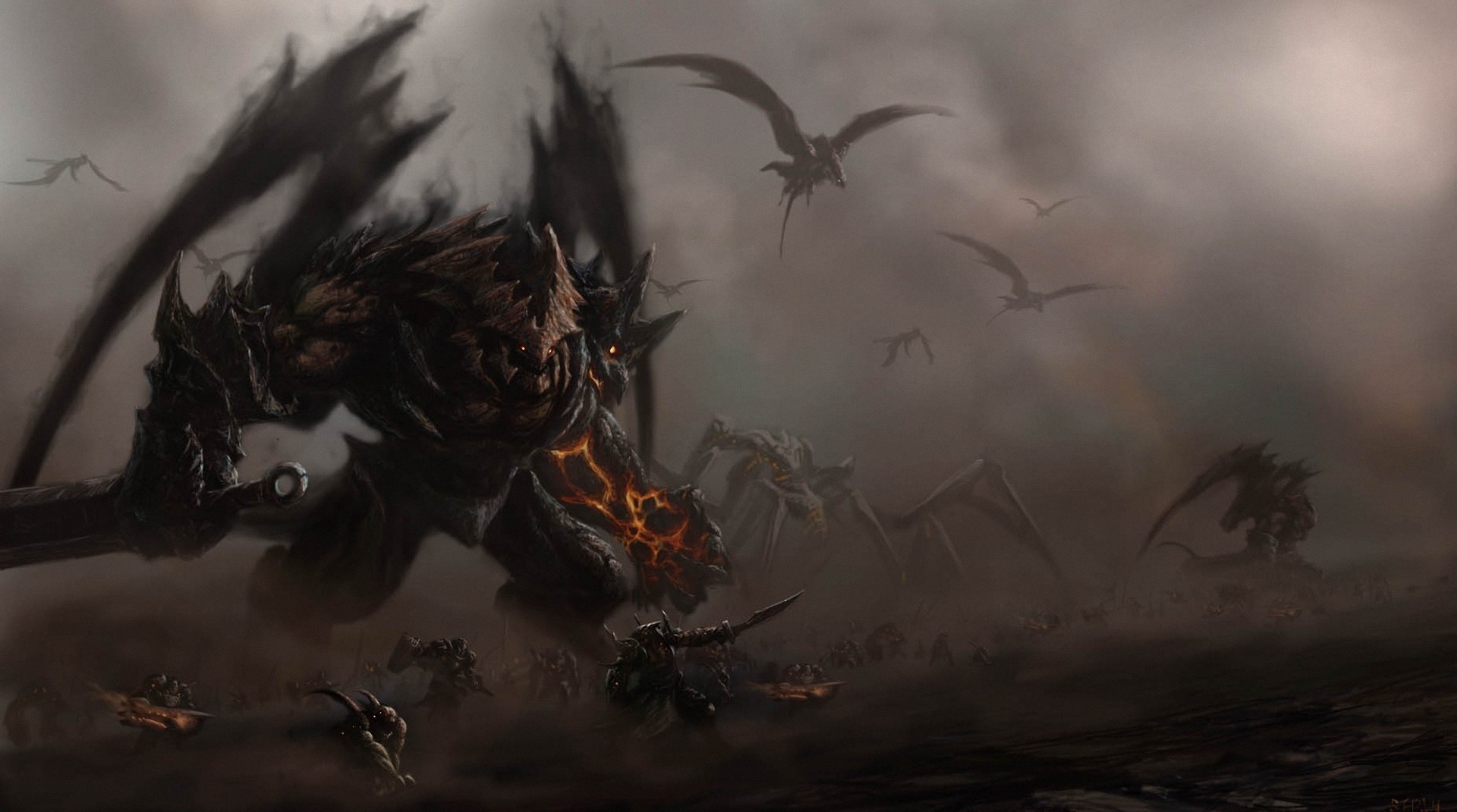 Fantasy art of a battle with monsters and flying creatures HD Wallpaper