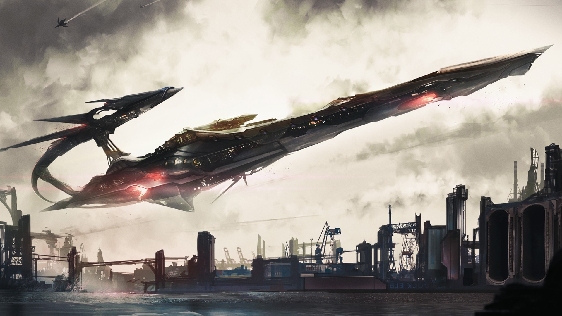 Science fiction artwork of alien spacecraft over a city HD Wallpaper