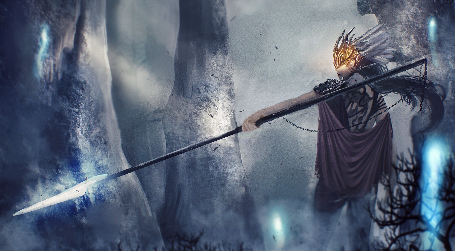 Fantasy art of a warrior with a spear HD Wallpaper