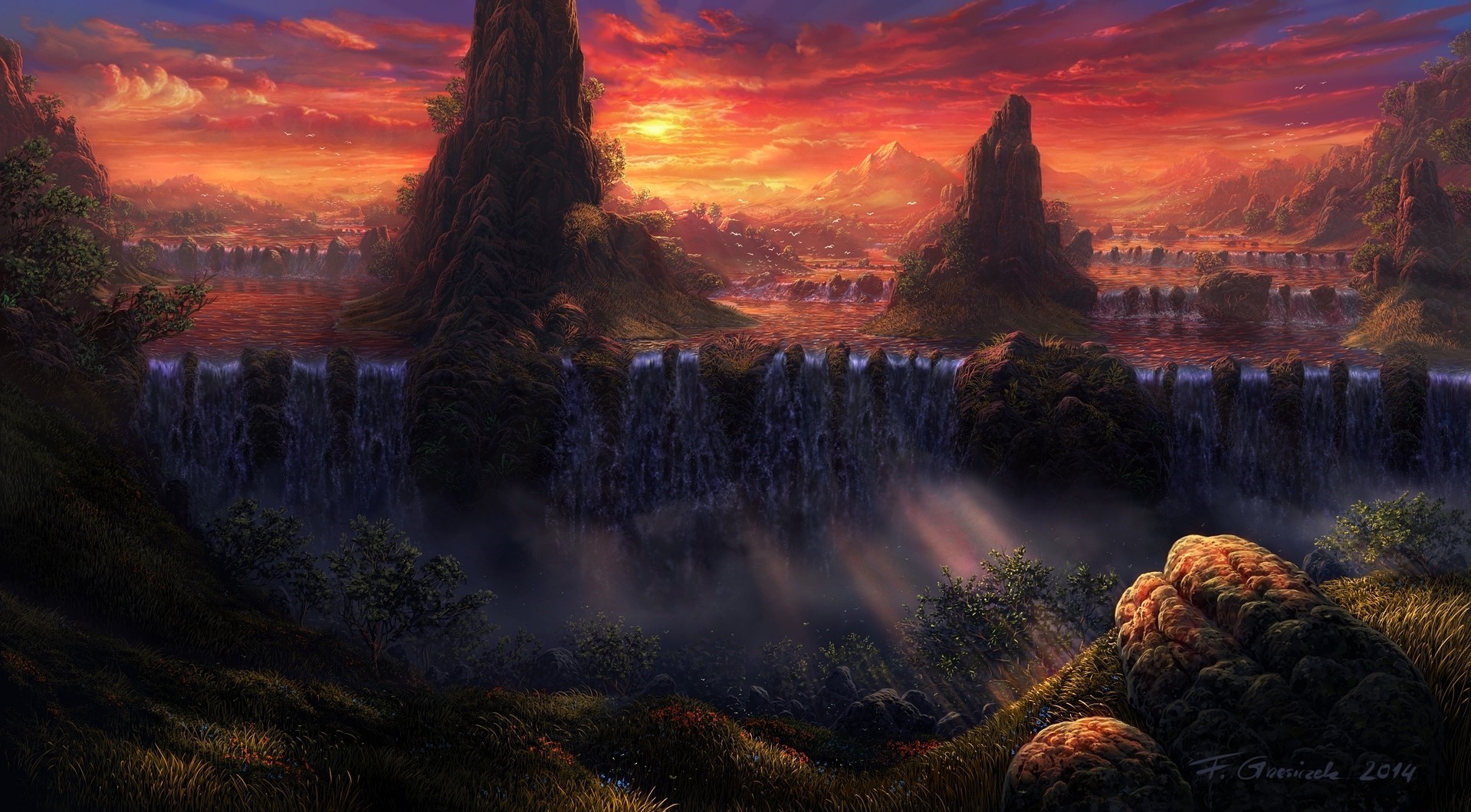Fantasy landscape with waterfalls and sunset HD Wallpaper
