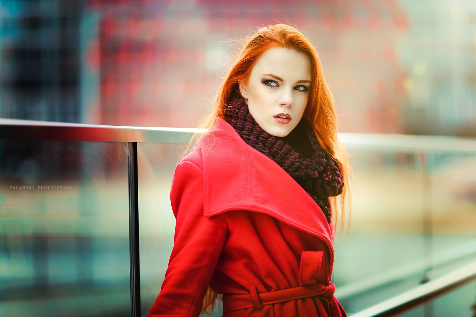 Redhead model wearing a red coat and scarf HD Wallpaper