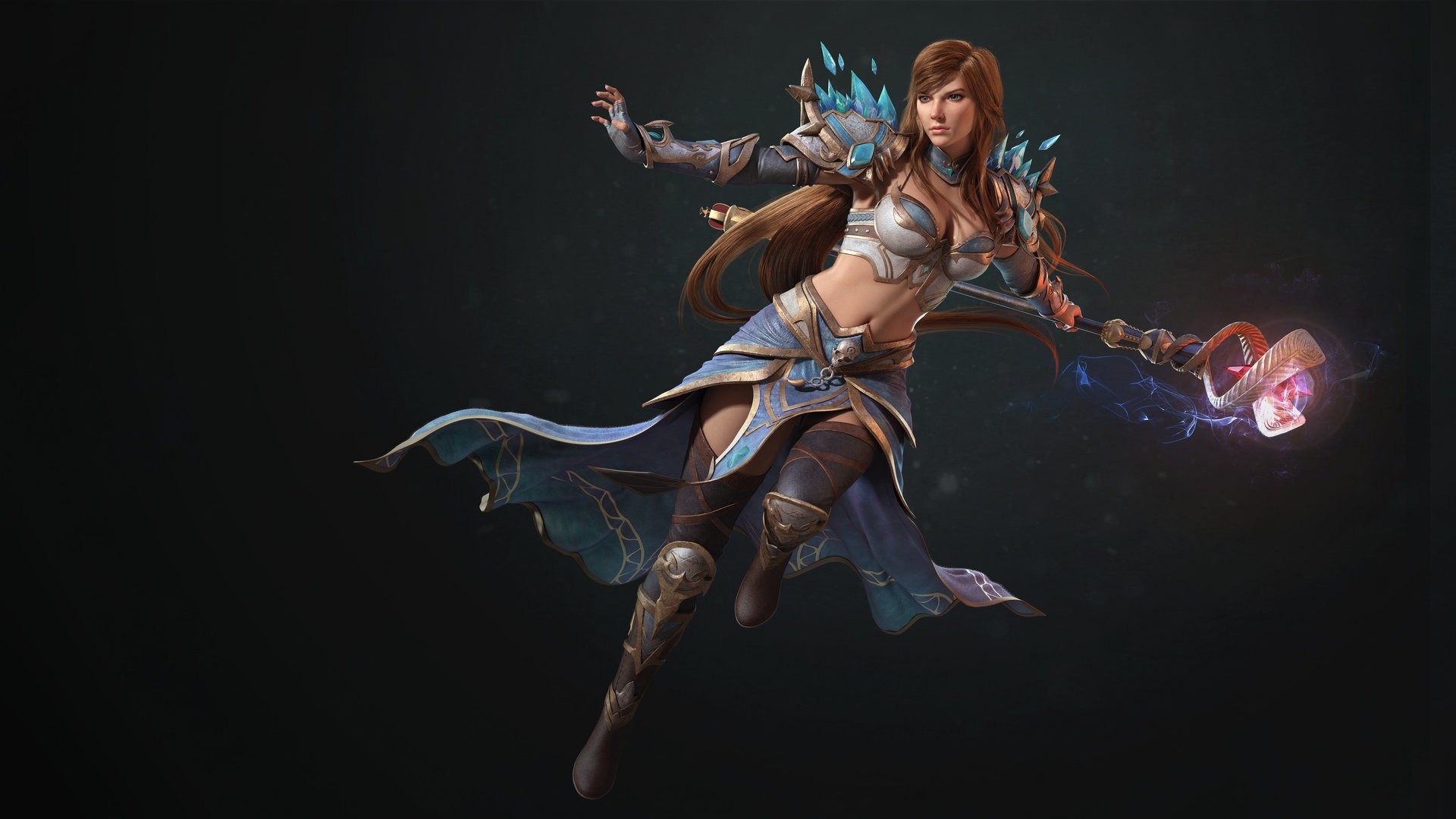 Fantasy sorceress with staff and ice armor HD Wallpaper