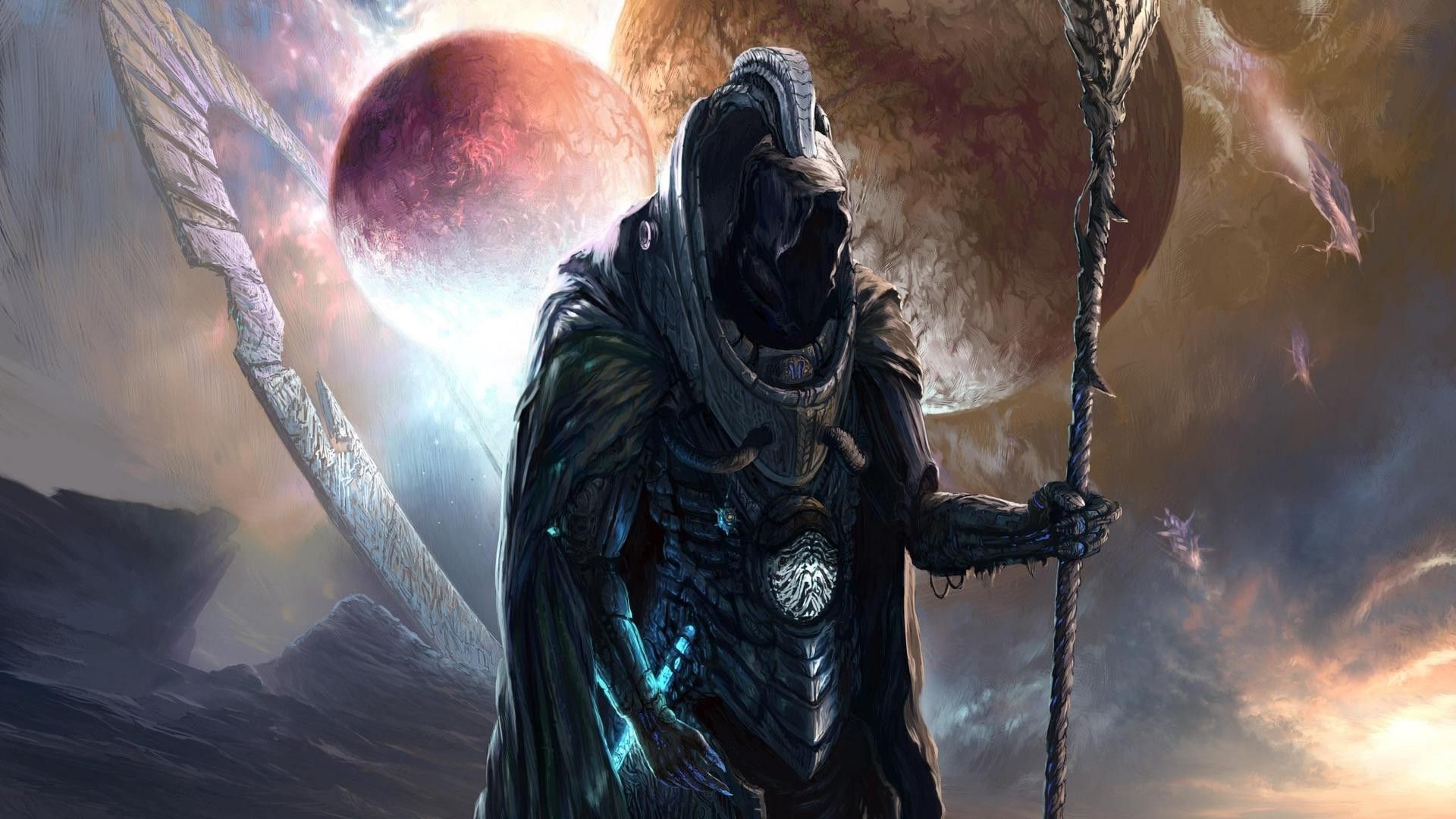 Odin with staff and planets in space HD Wallpaper