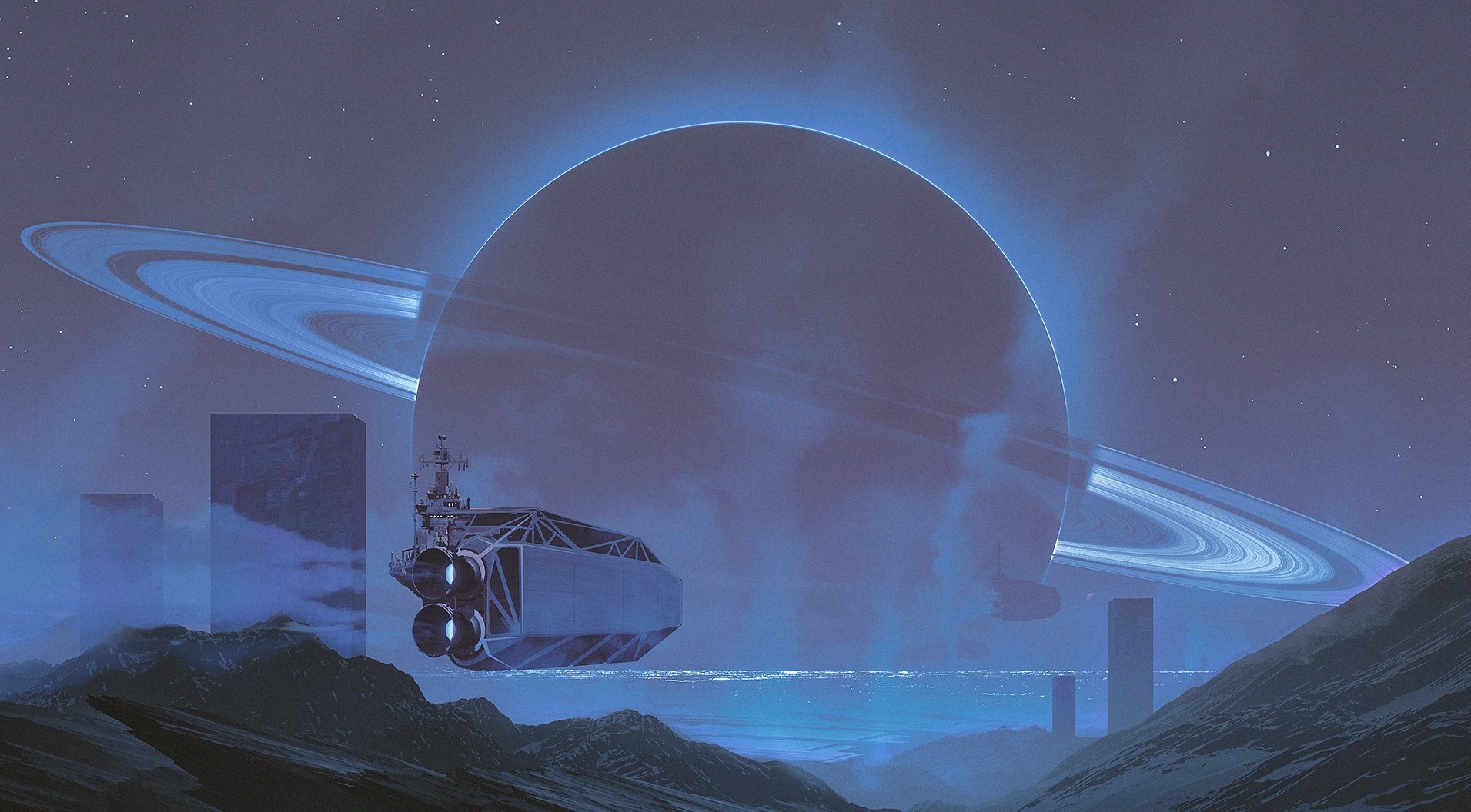 Spaceship near Saturn with alien monoliths HD Wallpaper