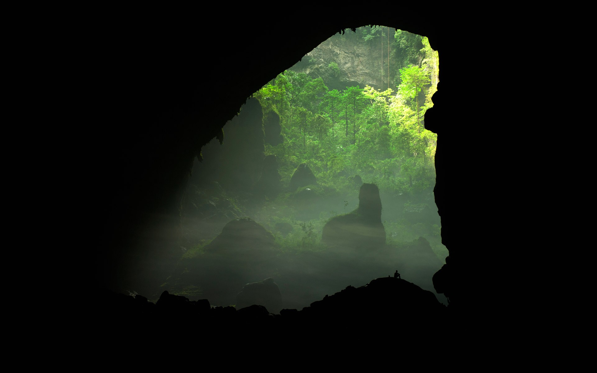 View from a cave to a jungle with a person HD Wallpaper