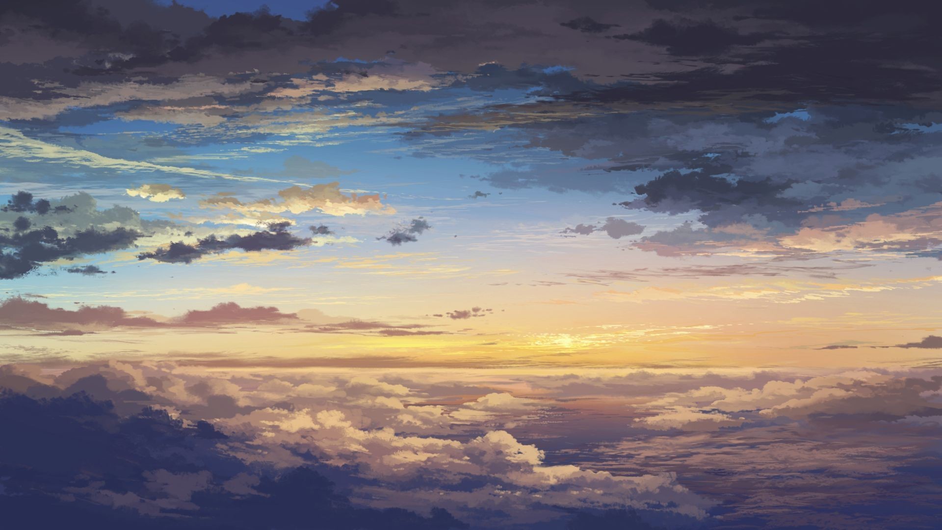 Anime sky with dramatic clouds at sunset HD Wallpaper