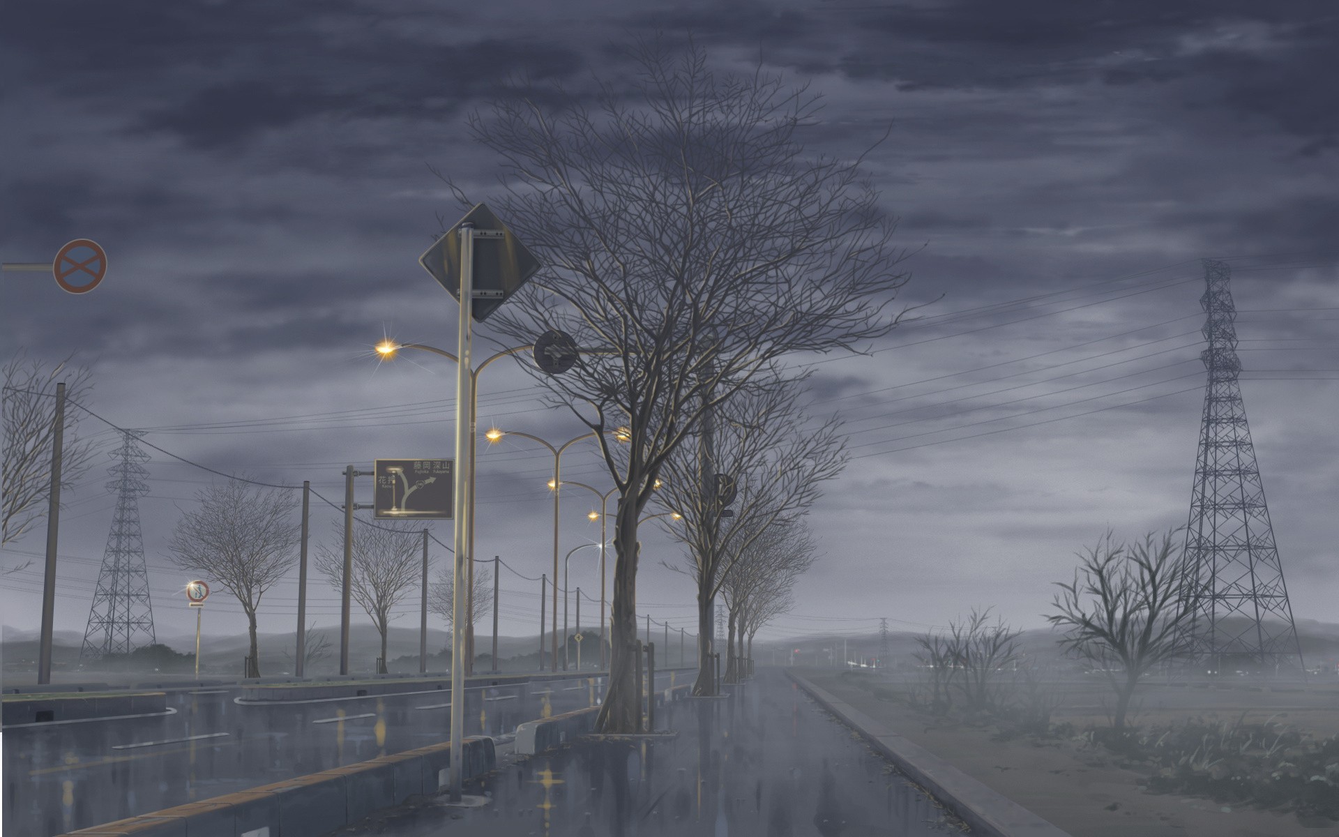 Anime road with bare trees and power lines HD Wallpaper