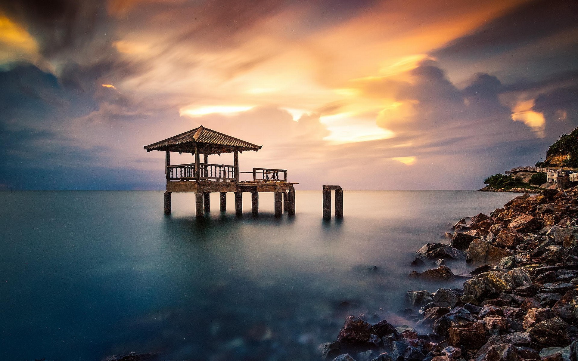 Abandoned dock on the coast of Thailand at sunset HD Wallpaper