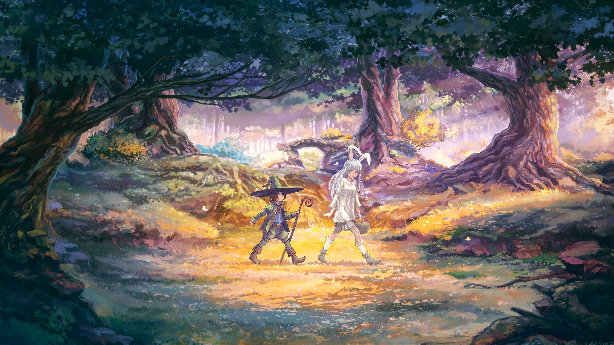Two characters walking in a magical forest HD Wallpaper
