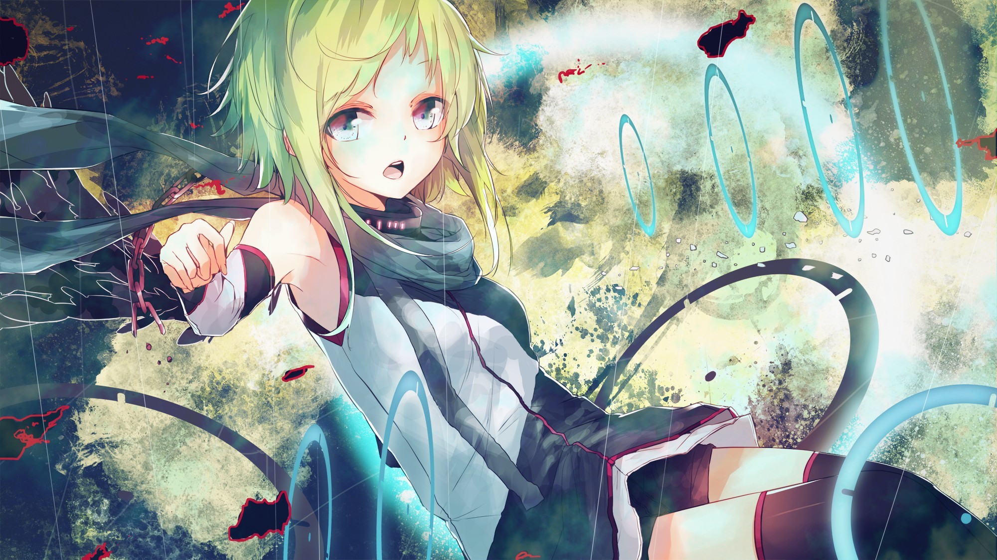Megpoid Gumi with green eyes and open mouth HD Wallpaper