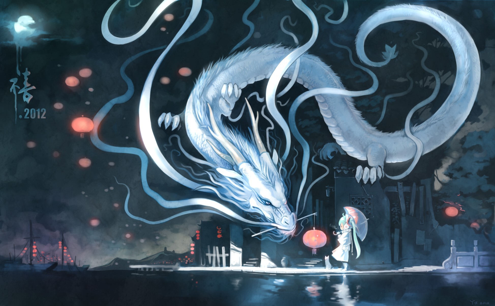 Hatsune Miku and a white dragon in a Japanese night scene HD Wallpaper