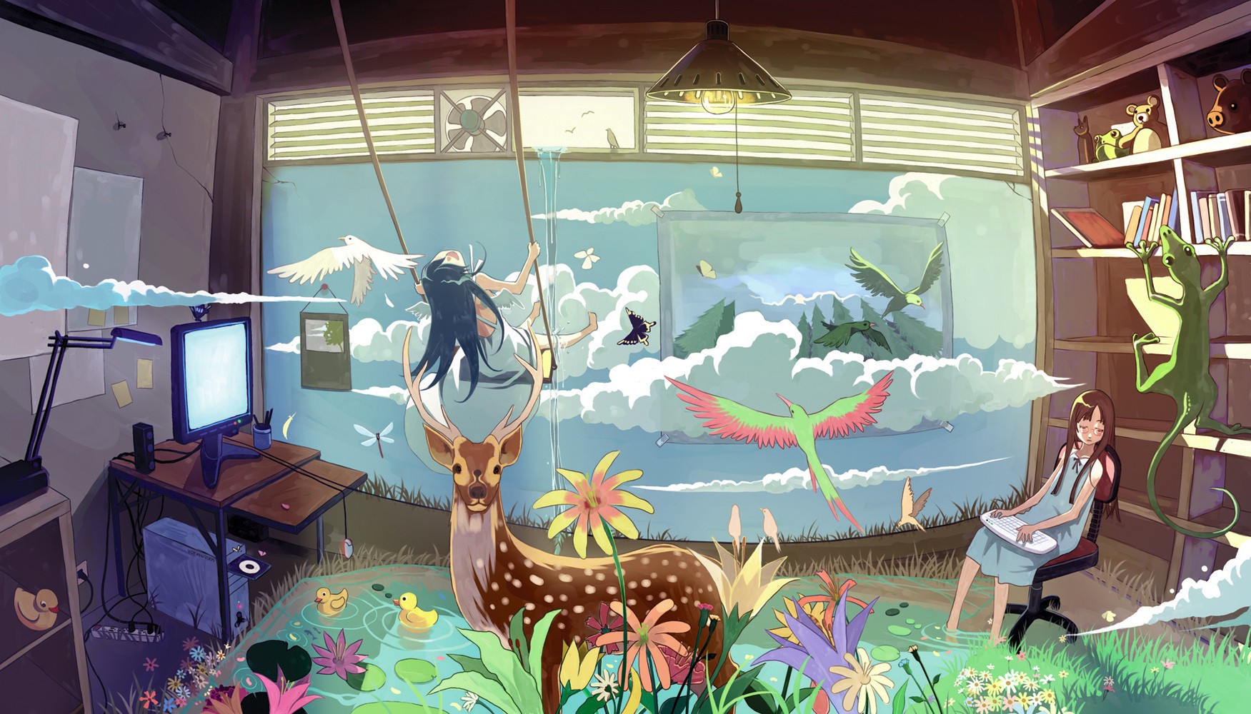 Surreal room with deer, girl on swing, and computer HD Wallpaper