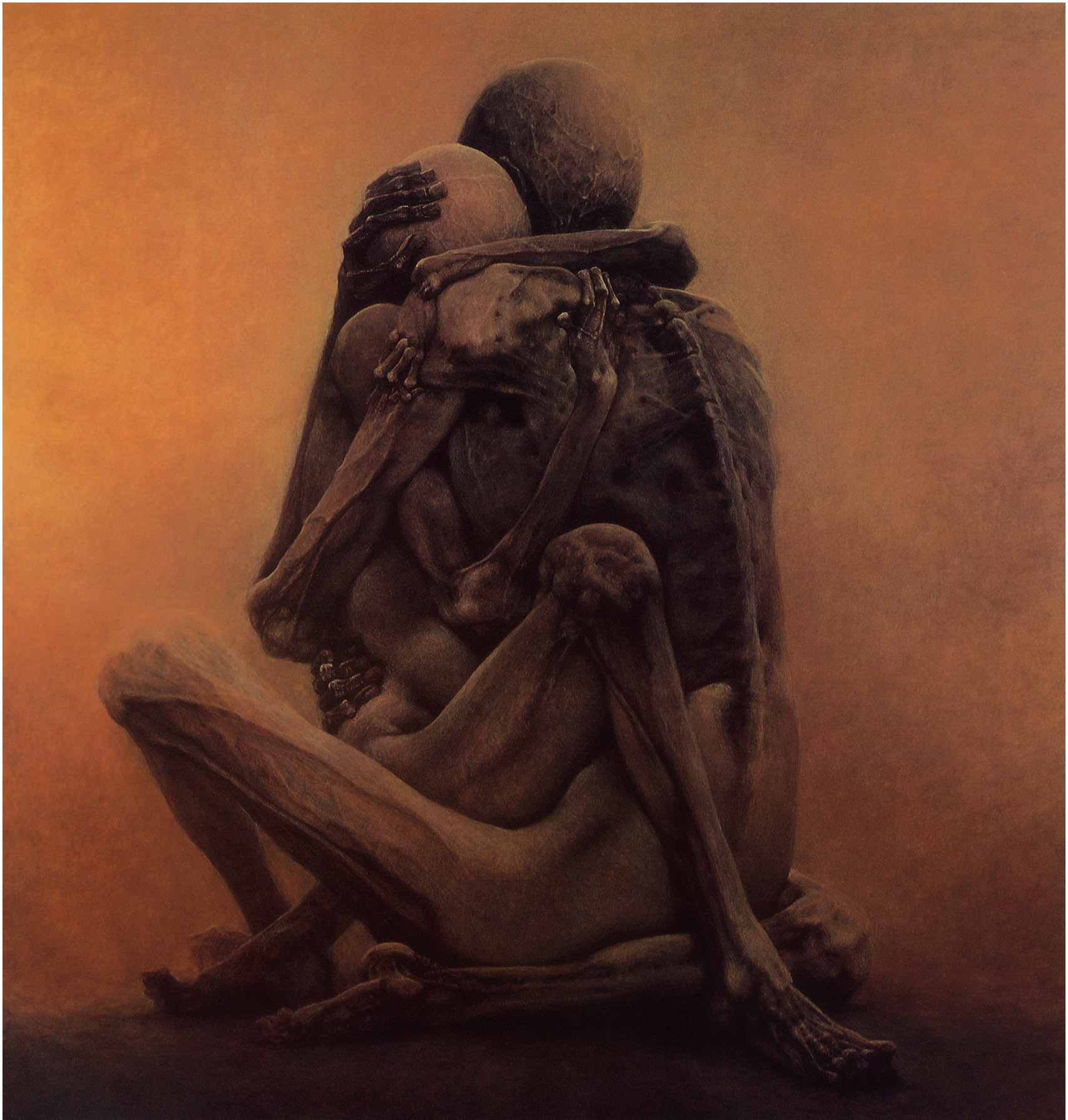 Zdzisław Beksiński drawing of skeletal figures embracing HD Wallpaper
