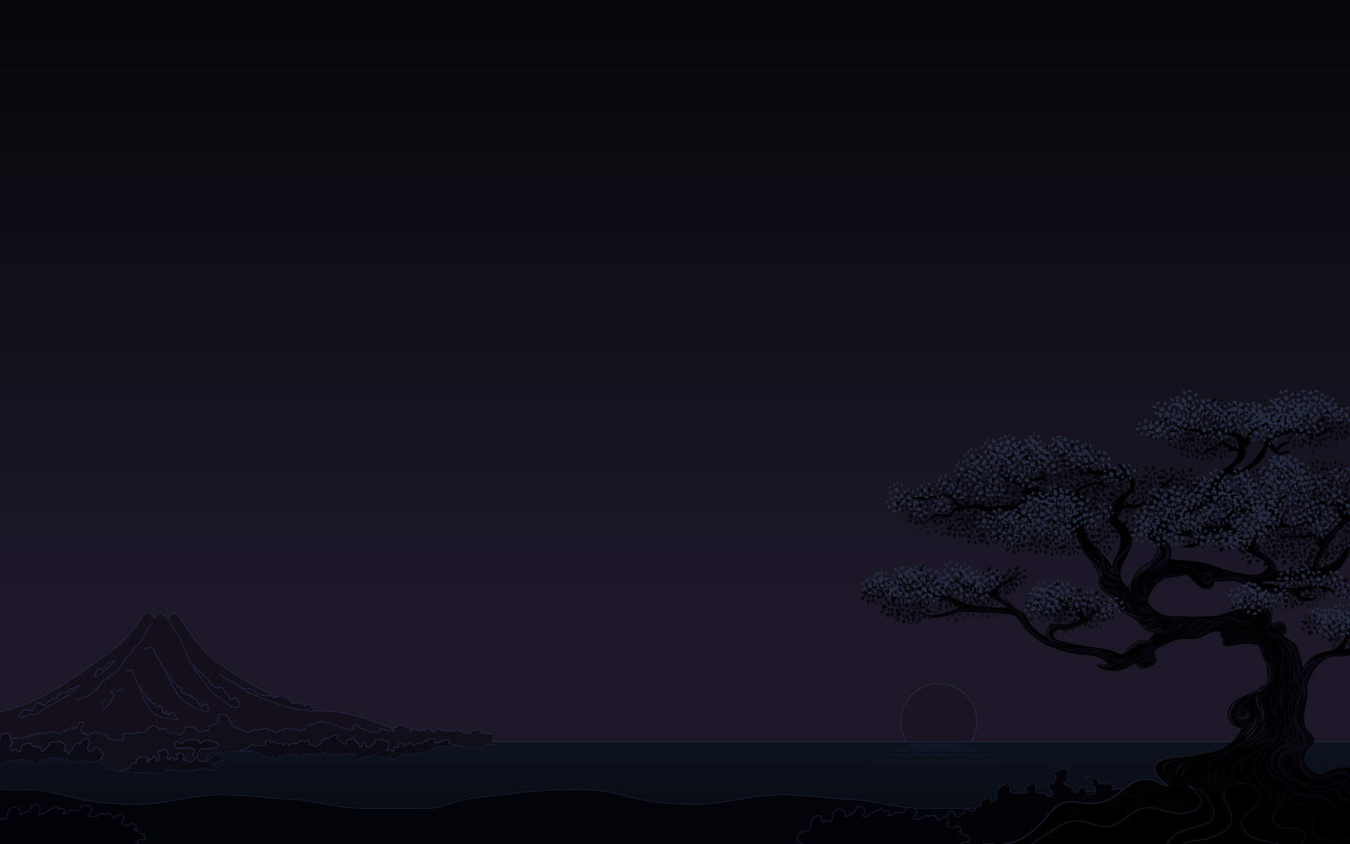 Minimalist dark sunset with mountains and cherry trees HD Wallpaper