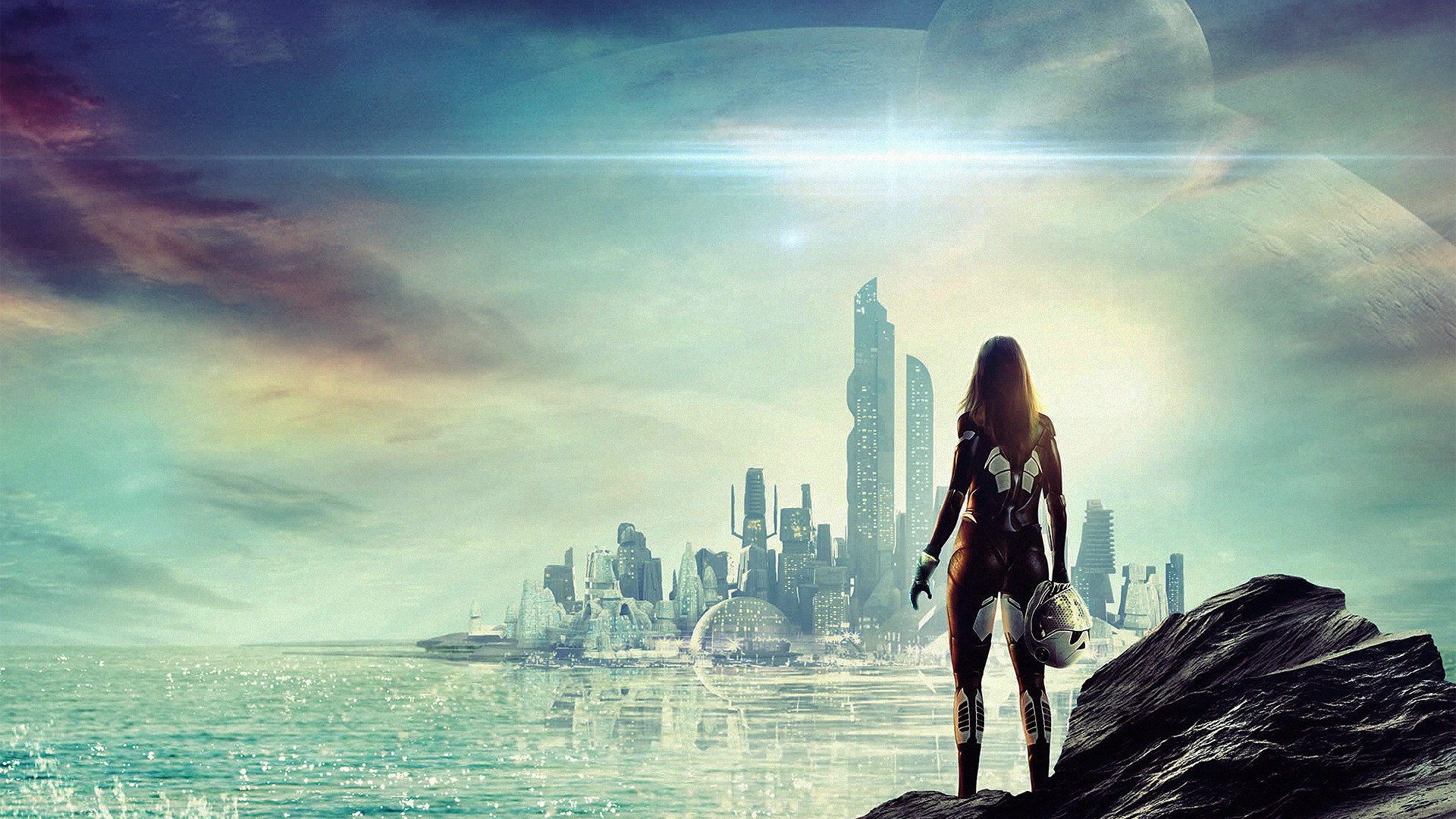Woman in futuristic suit overlooking alien city HD Wallpaper