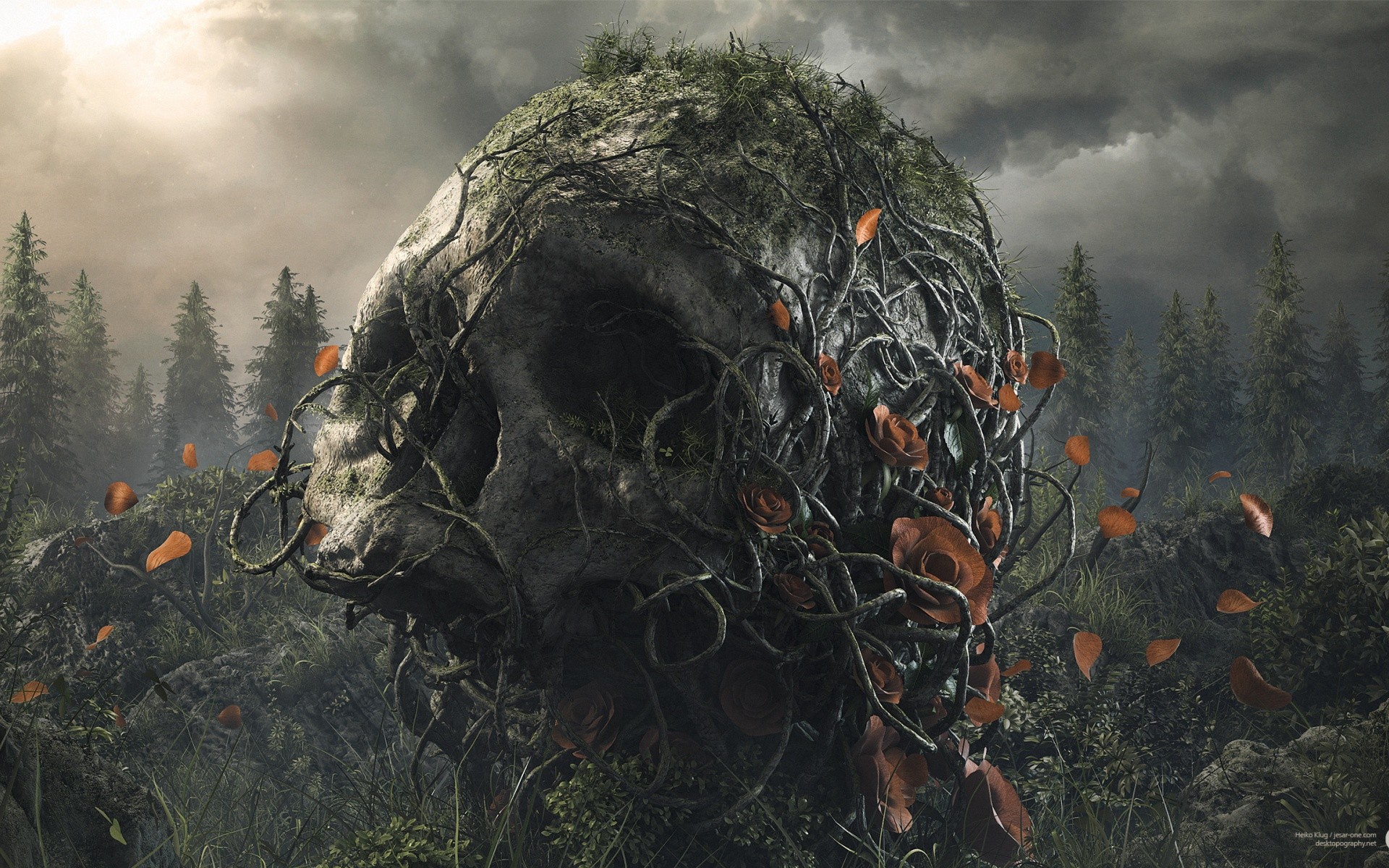Giant Skull Covered in Roots and Roses in a Forest HD Wallpaper