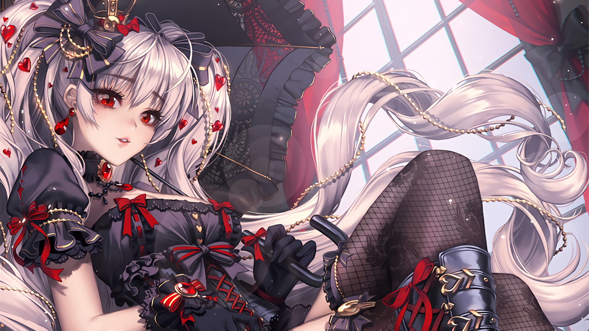 Kutsumiya Yuuzuki with red eyes and white twintails HD Wallpaper