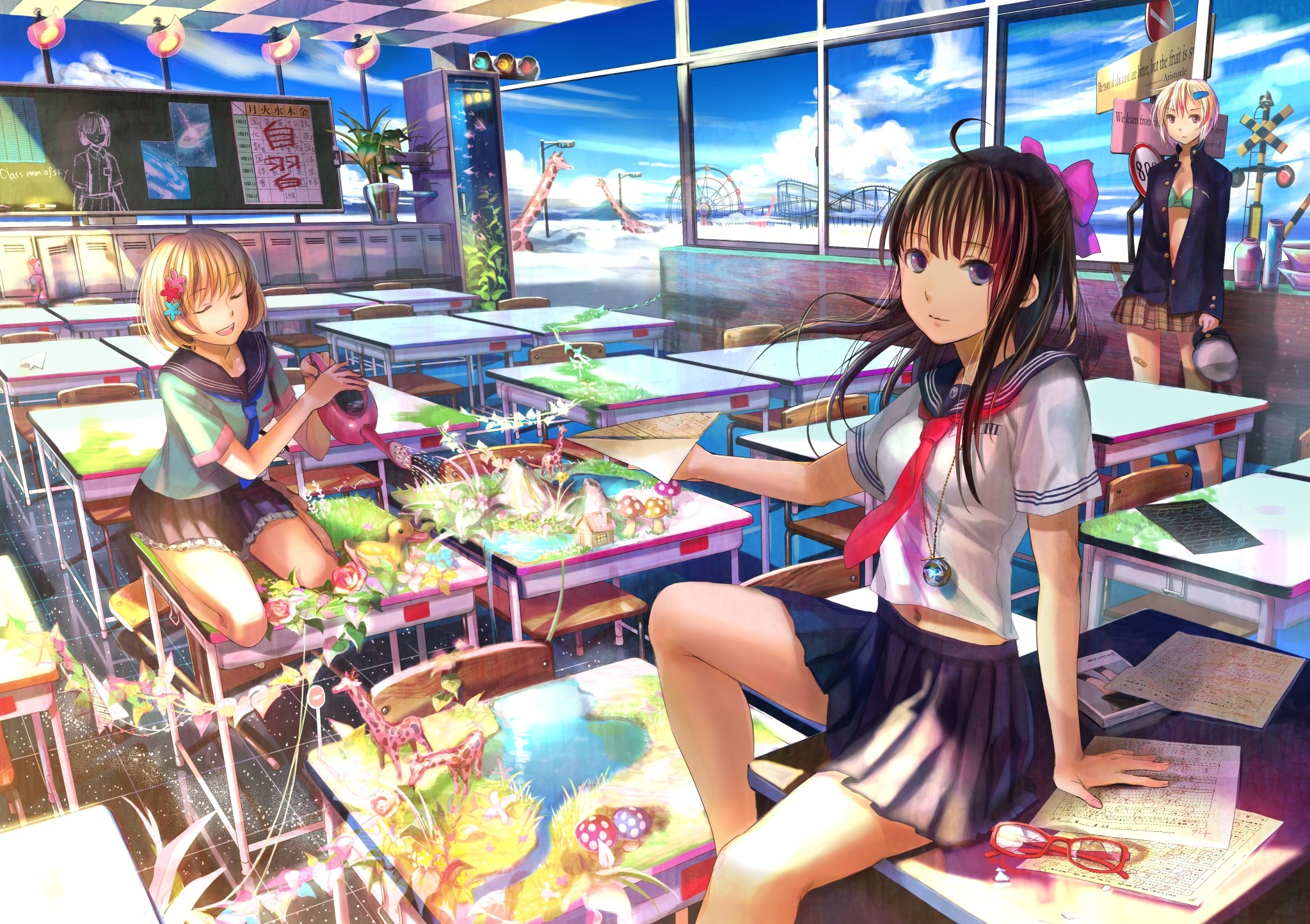 Anime girls in school uniforms in a classroom with a view HD Wallpaper
