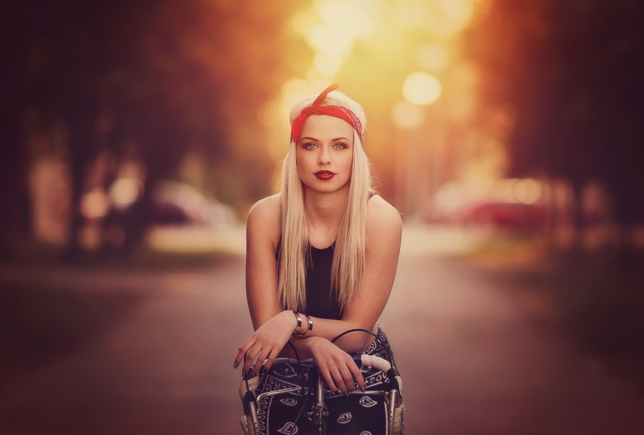 Woman with a red bandana and a bicycle HD Wallpaper