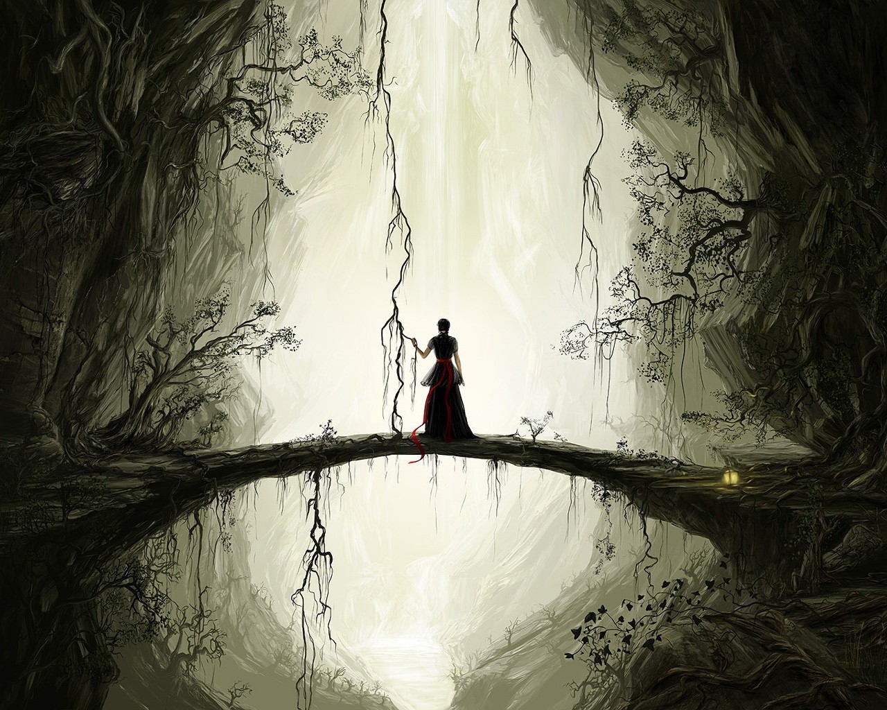 Woman in black and red dress on a bridge HD Wallpaper