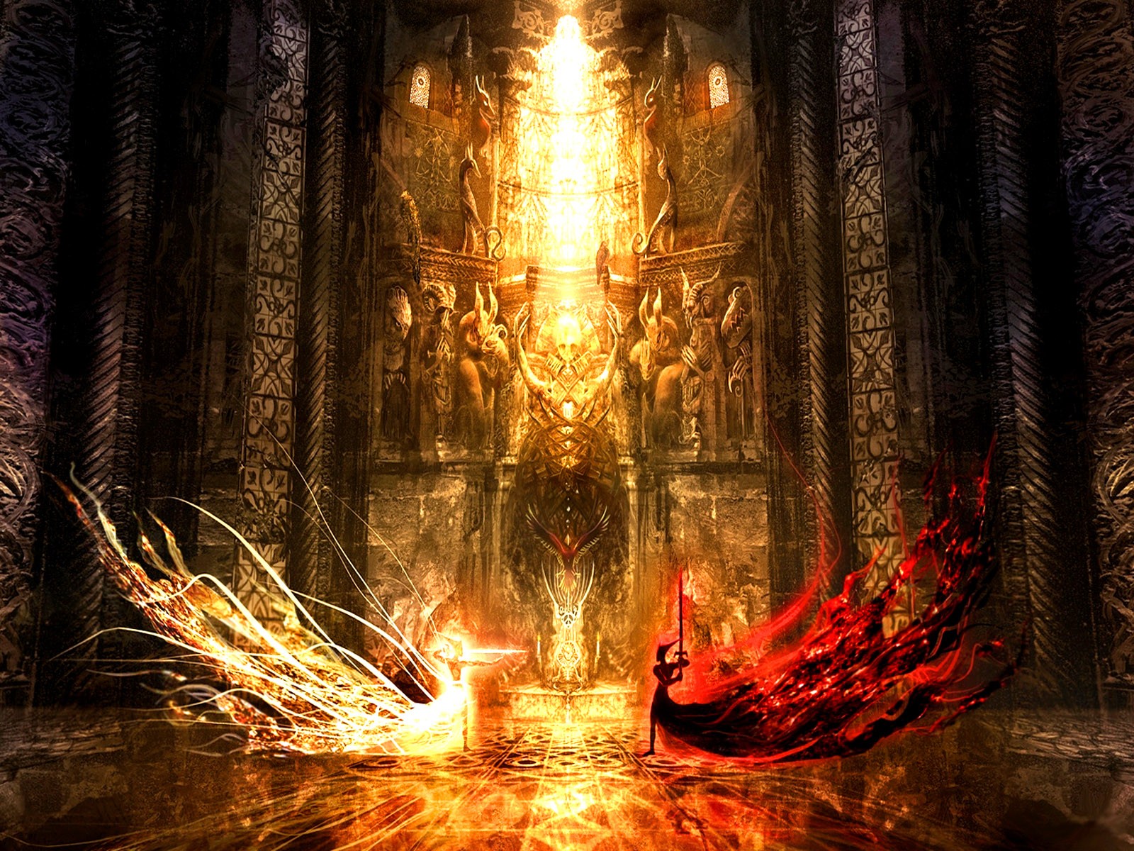 Fantasy art of a fight between light and dark HD Wallpaper