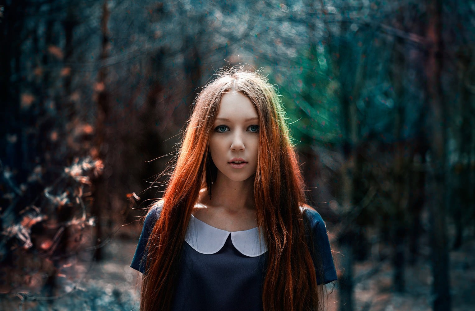 Redhead woman portrait in a forest HD Wallpaper