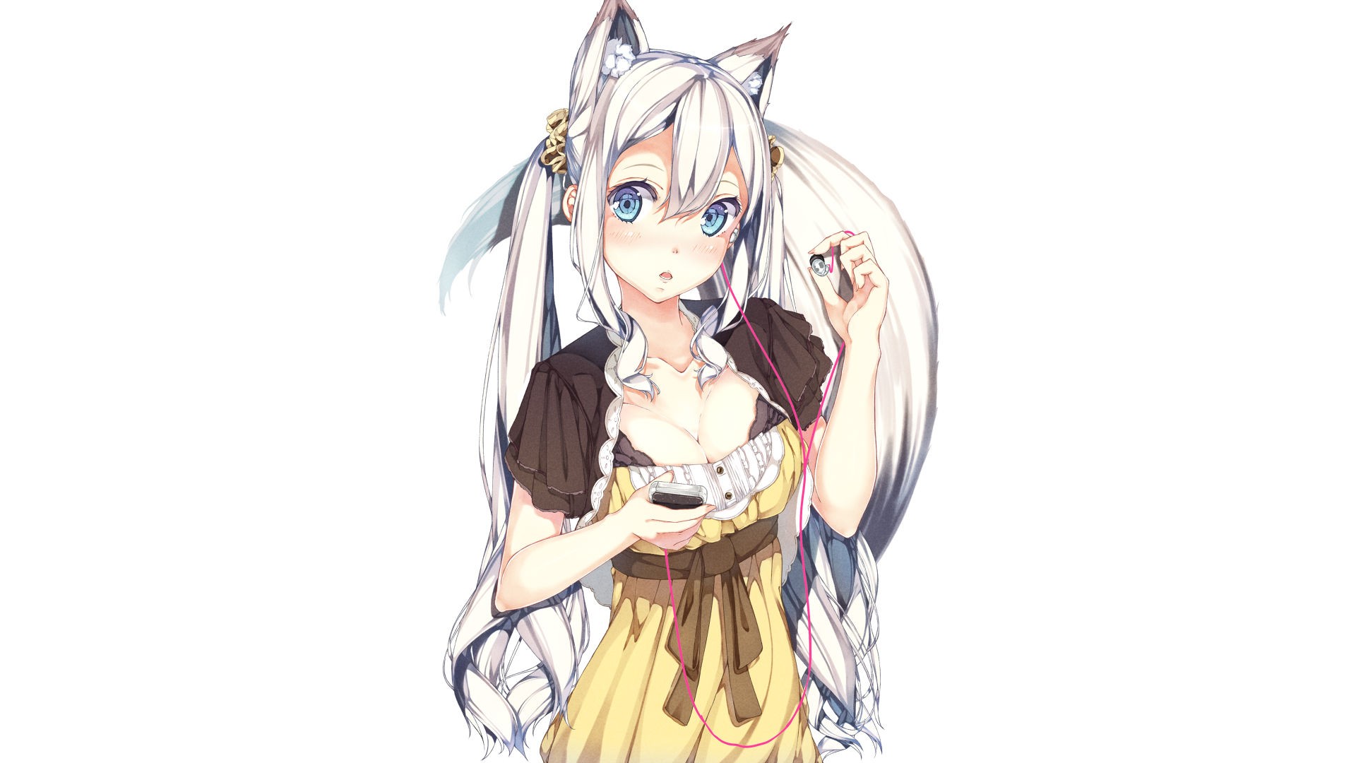 Anime girl with white hair and cat ears listening to music HD Wallpaper