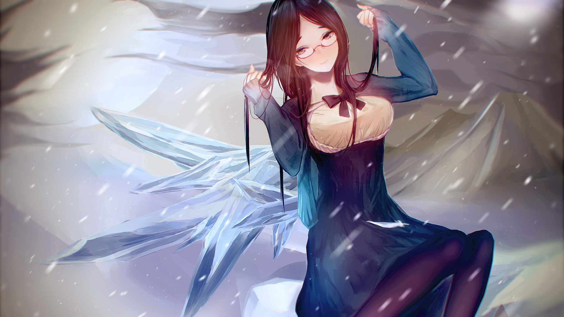Anime girl with glasses in the snow HD Wallpaper