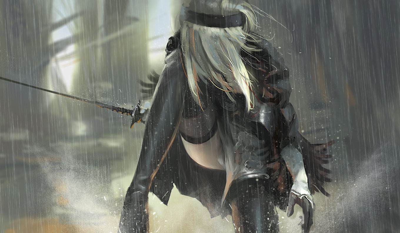 2B with a sword in the rain HD Wallpaper