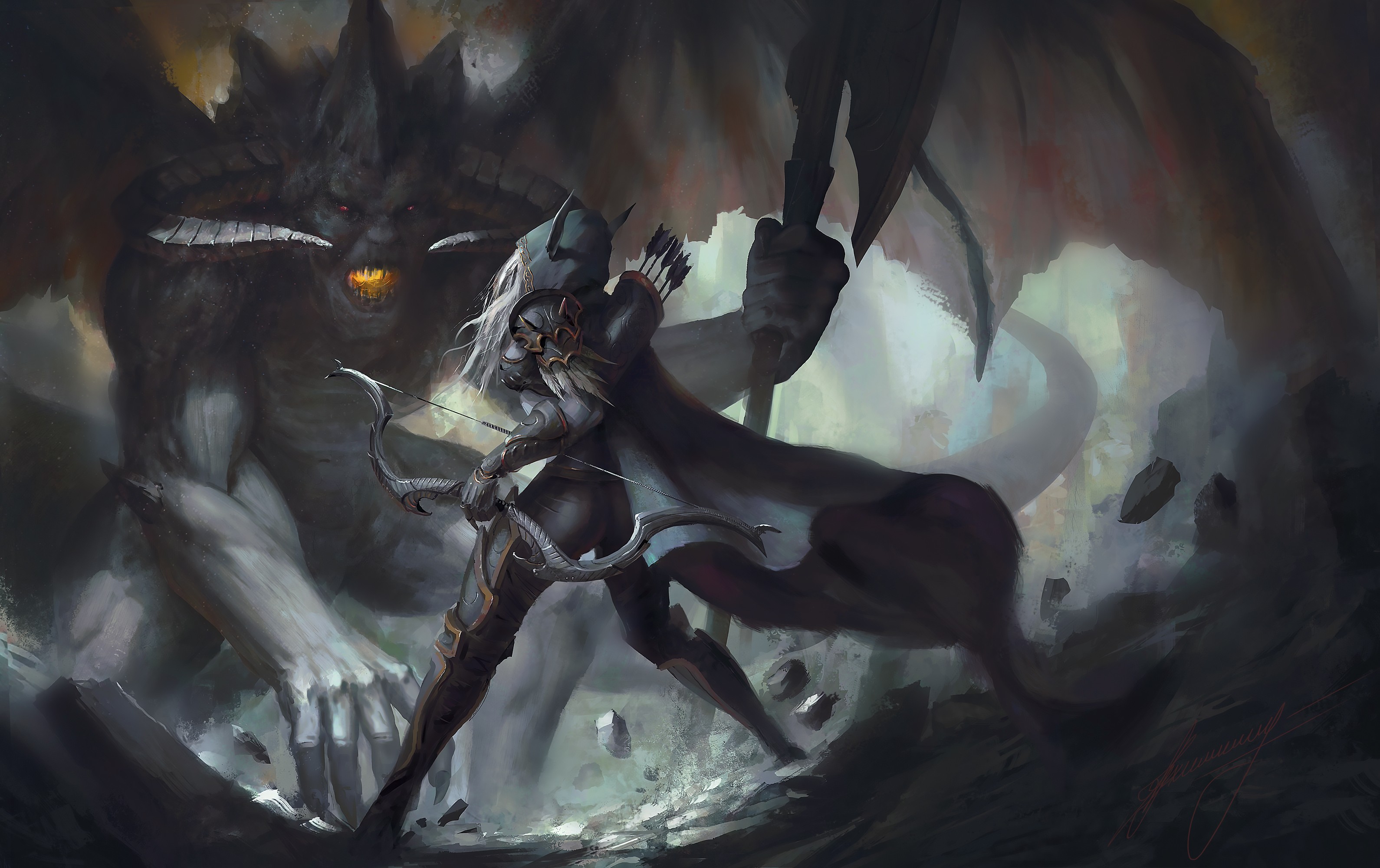 Sylvanas Windrunner fights a demon with a bow HD Wallpaper