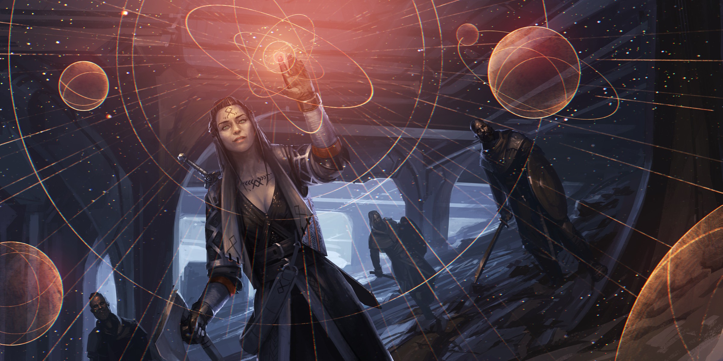 Woman manipulating cosmic energy with planets and stars HD Wallpaper
