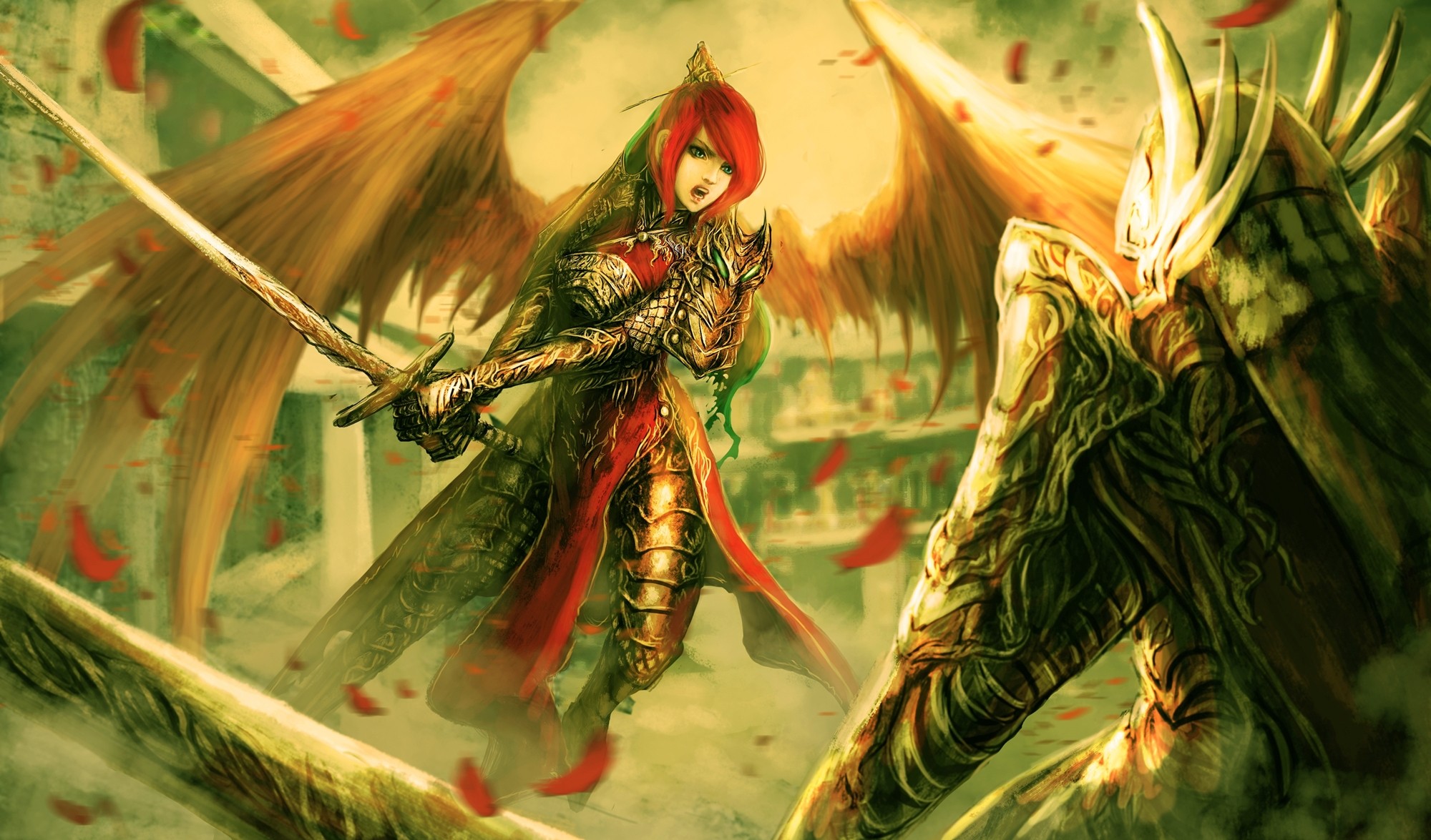 Fantasy art of winged warrior fighting monster HD Wallpaper
