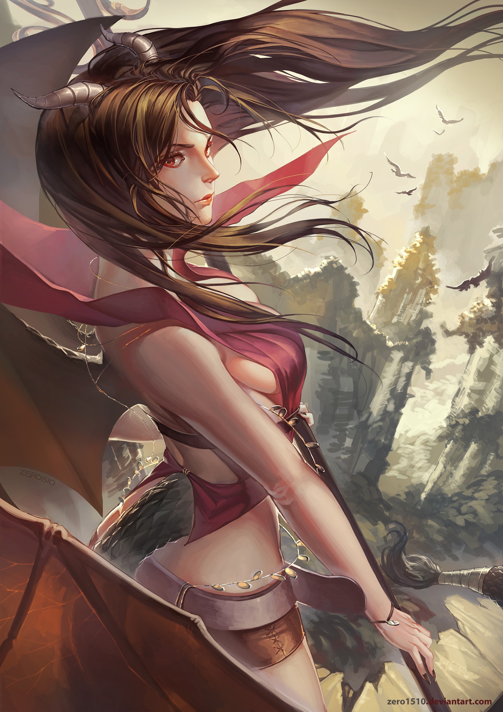 Fantasy anime art of a winged demon girl HD Wallpaper