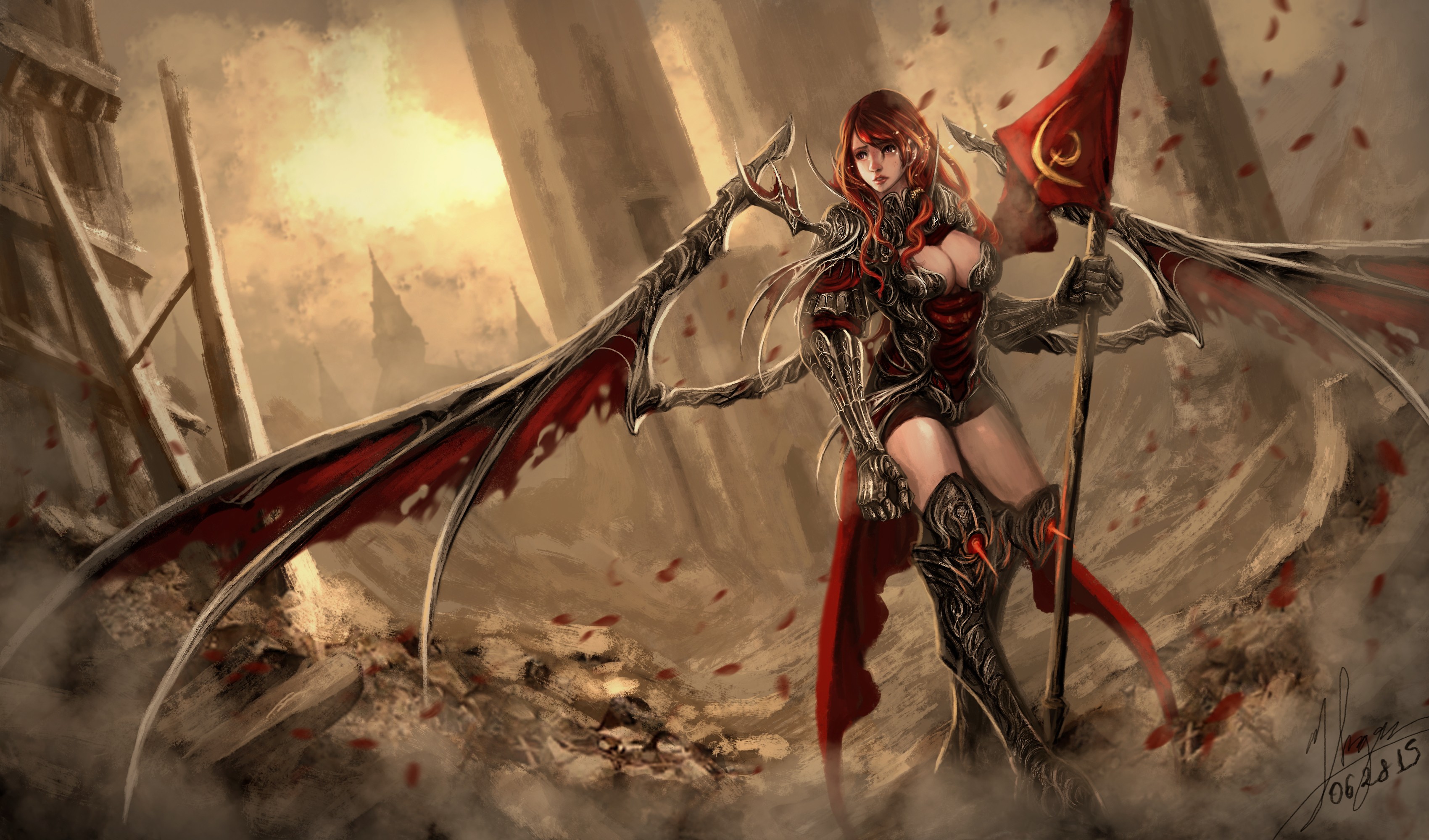 Fantasy winged woman holding a flag HD Wallpaper