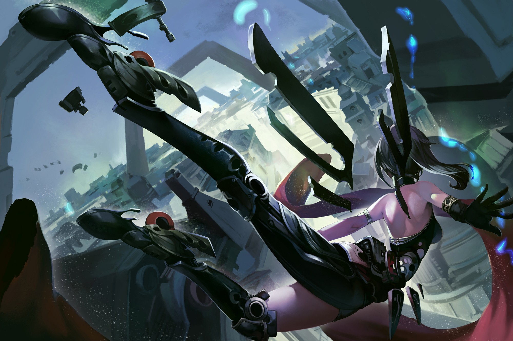 Futuristic woman with cybernetic legs in mid-air HD Wallpaper