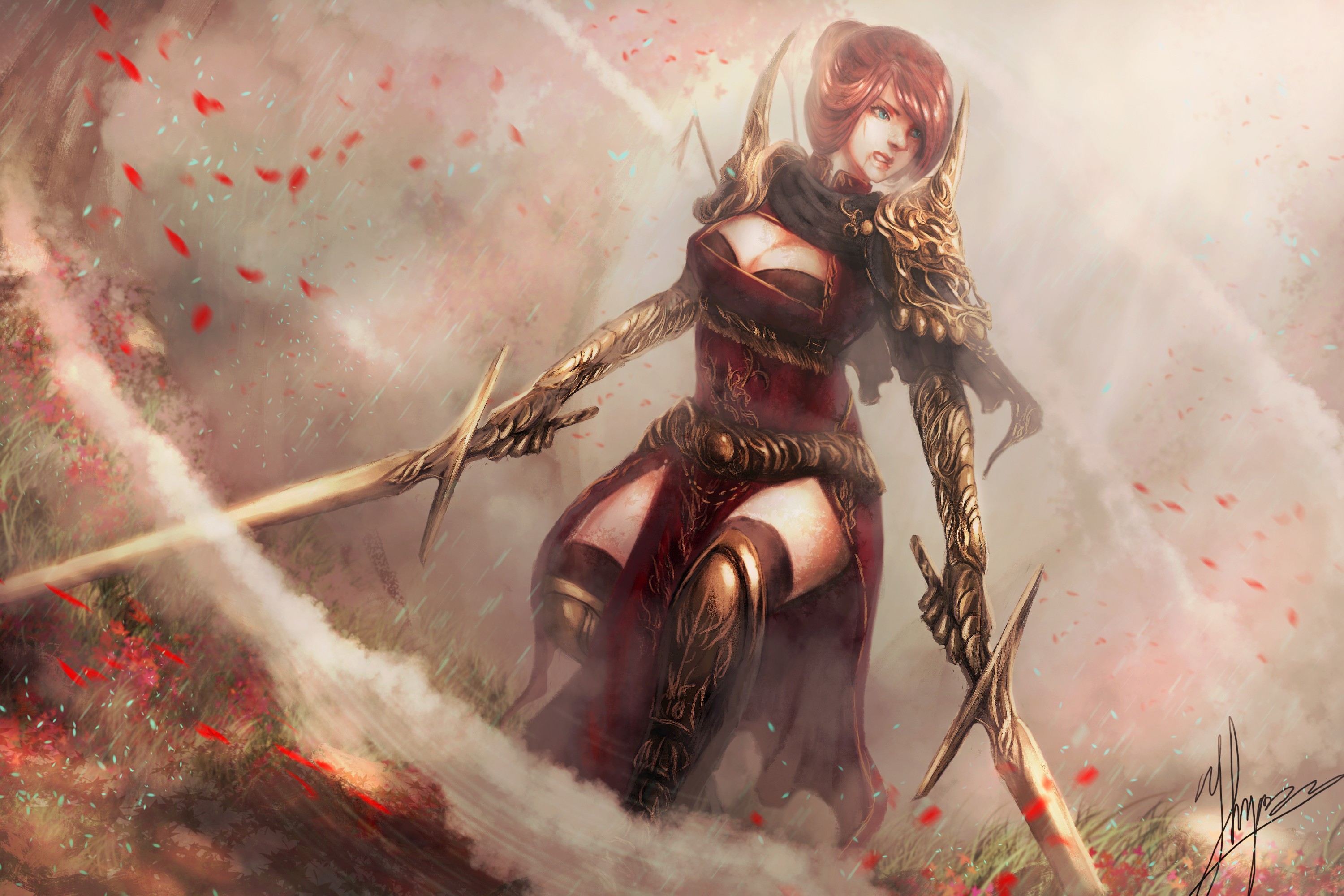 Fantasy art of a warrior woman with swords HD Wallpaper