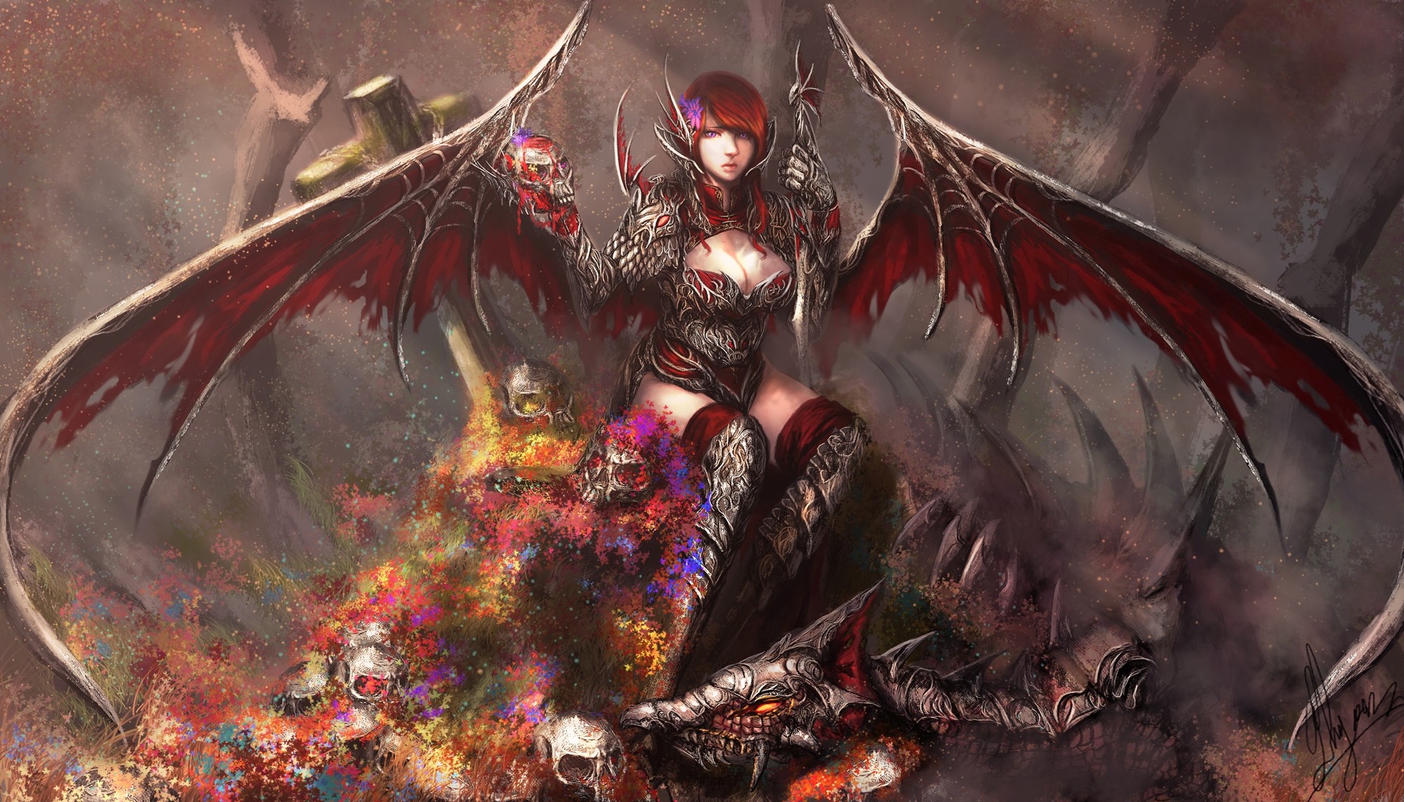 Fantasy art of a winged demoness with a skull HD Wallpaper