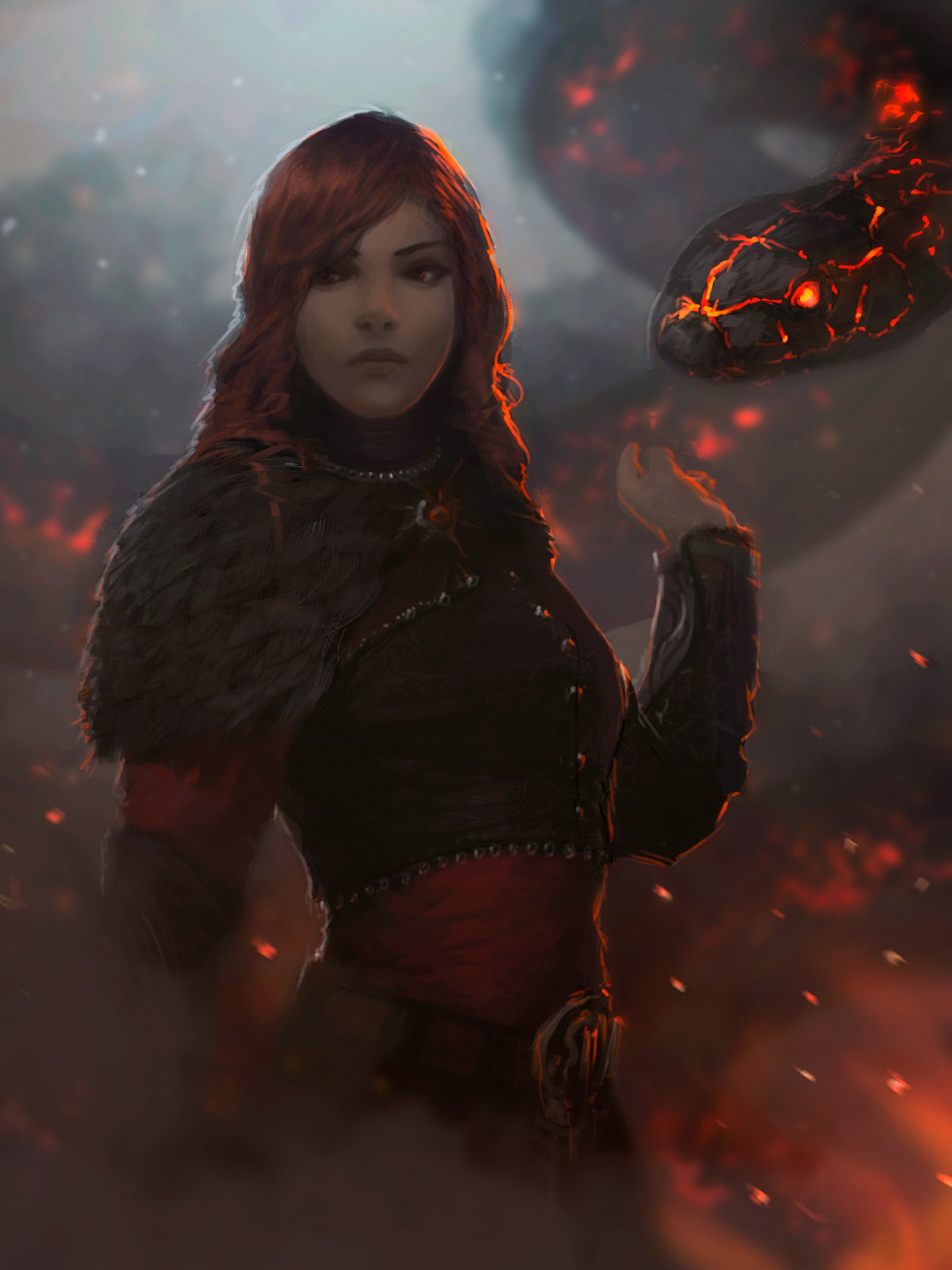 Fantasy art of a woman and a fire snake HD Wallpaper
