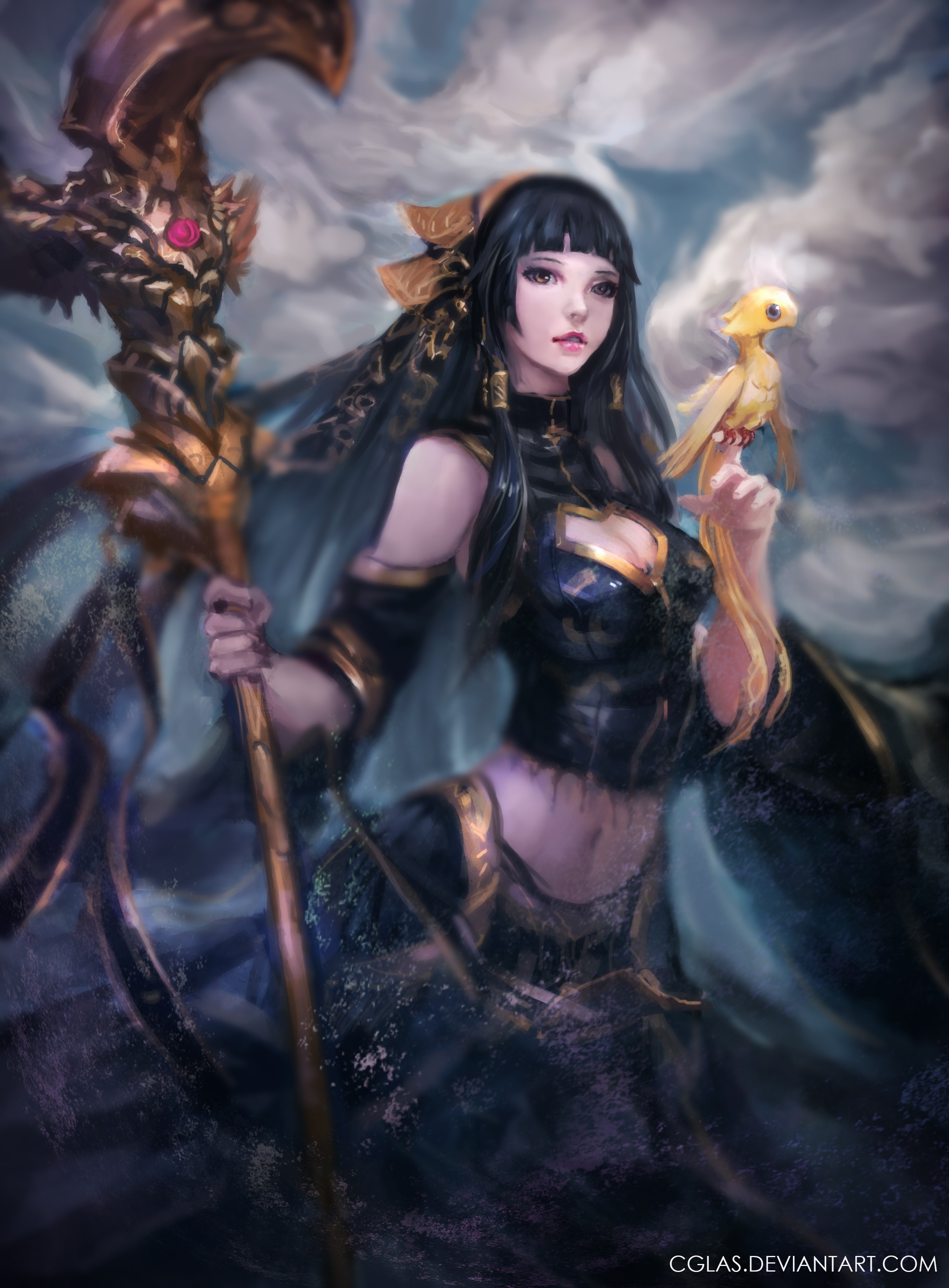 Fantasy woman with staff and yellow bird HD Wallpaper