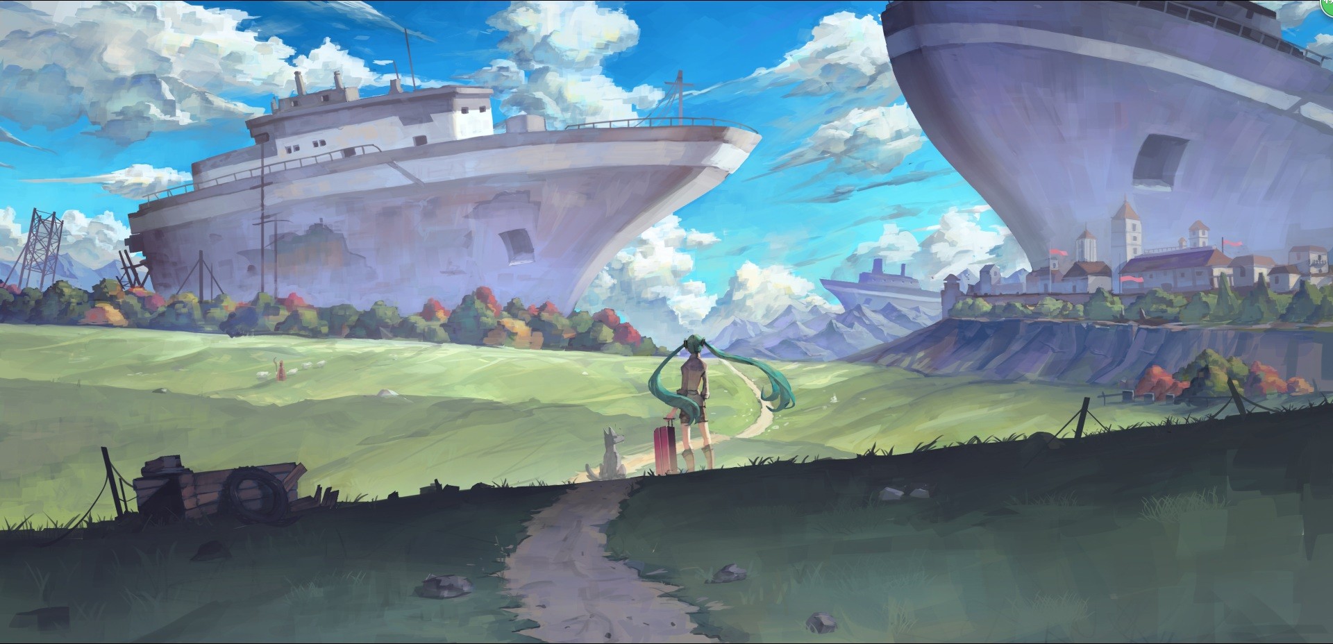 Hatsune Miku and ships in a surreal landscape HD Wallpaper
