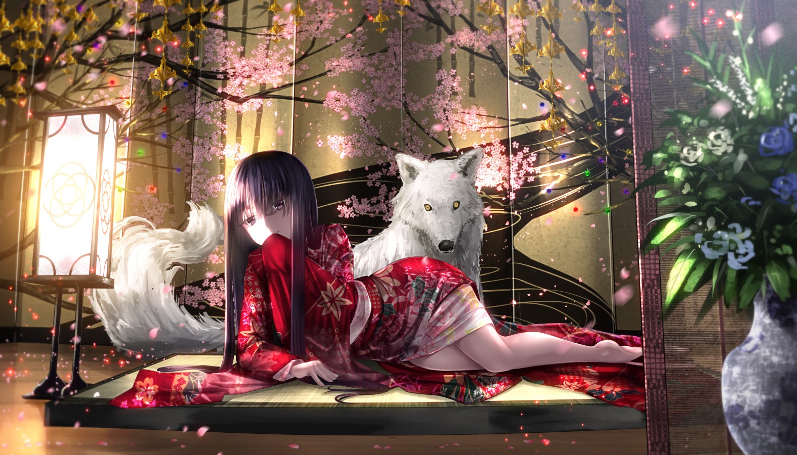 Girl in Kimono with White Wolf HD Wallpaper