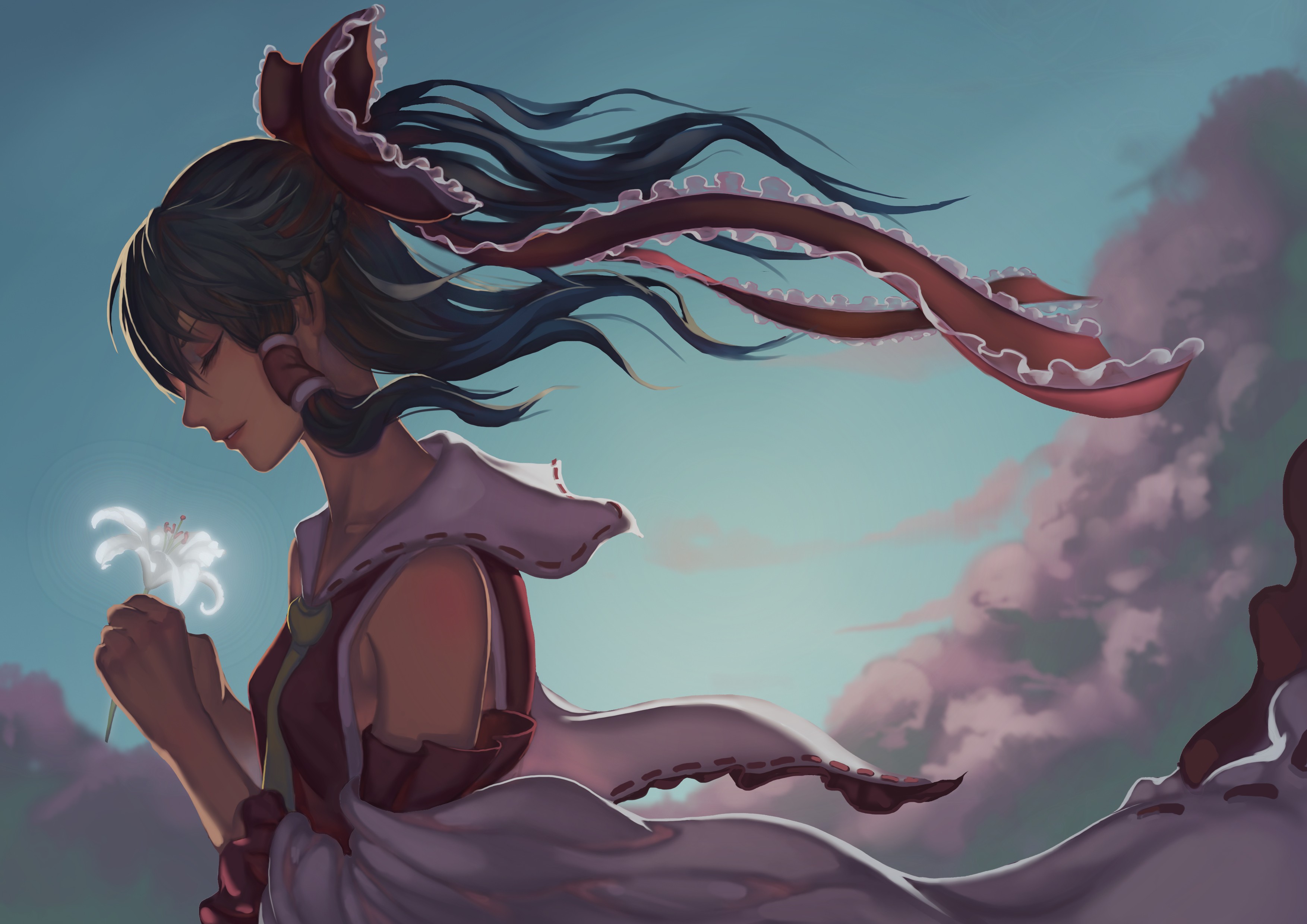 Hakurei Reimu holding a flower with clouds in the background HD Wallpaper