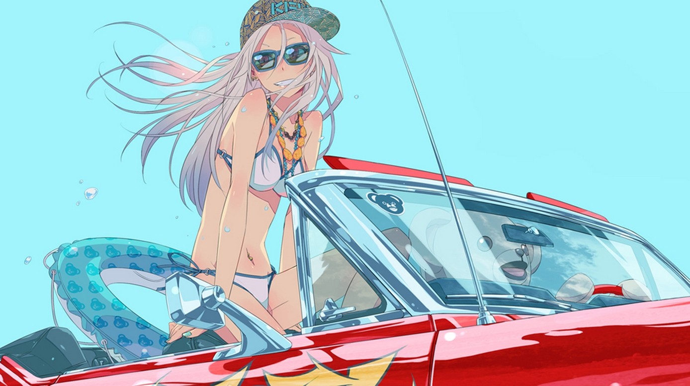 Anime girl in bikini and dog in convertible HD Wallpaper