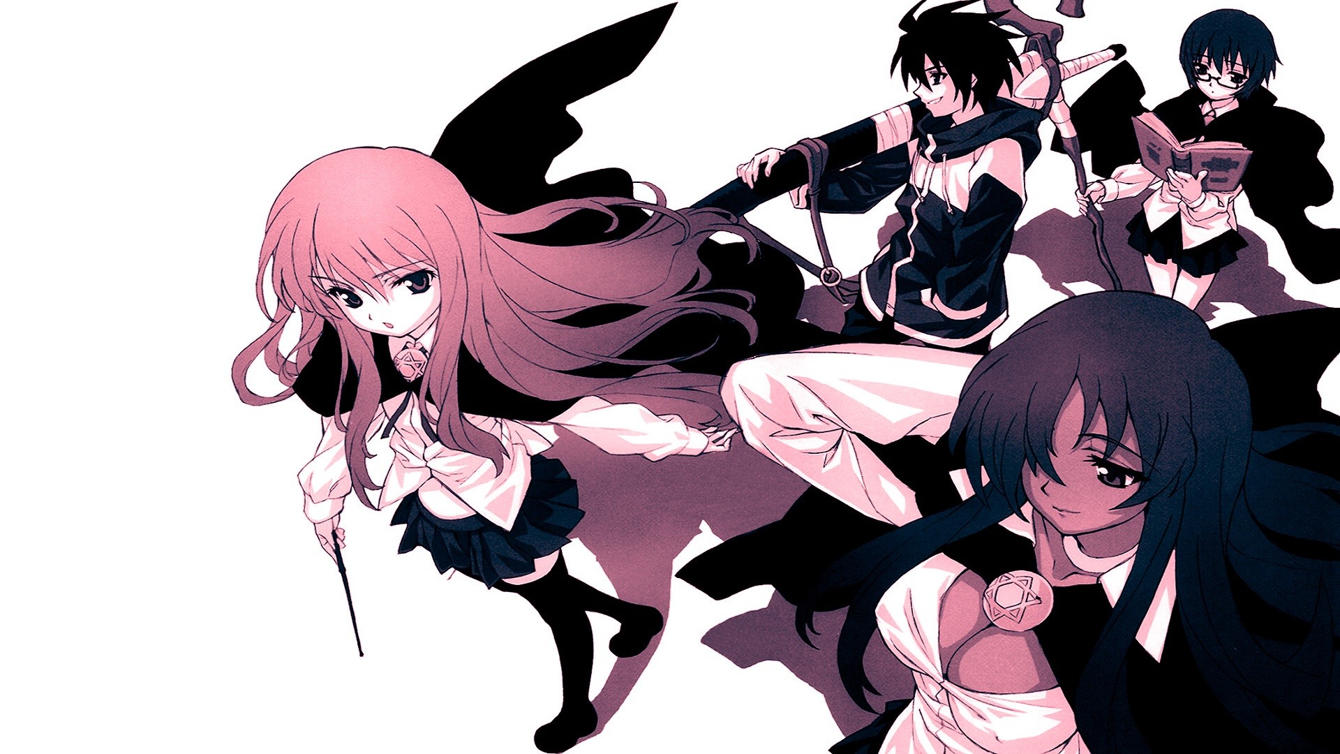 Zero no Tsukaima characters Louise, Saito, Kirche, and Charlotte HD Wallpaper