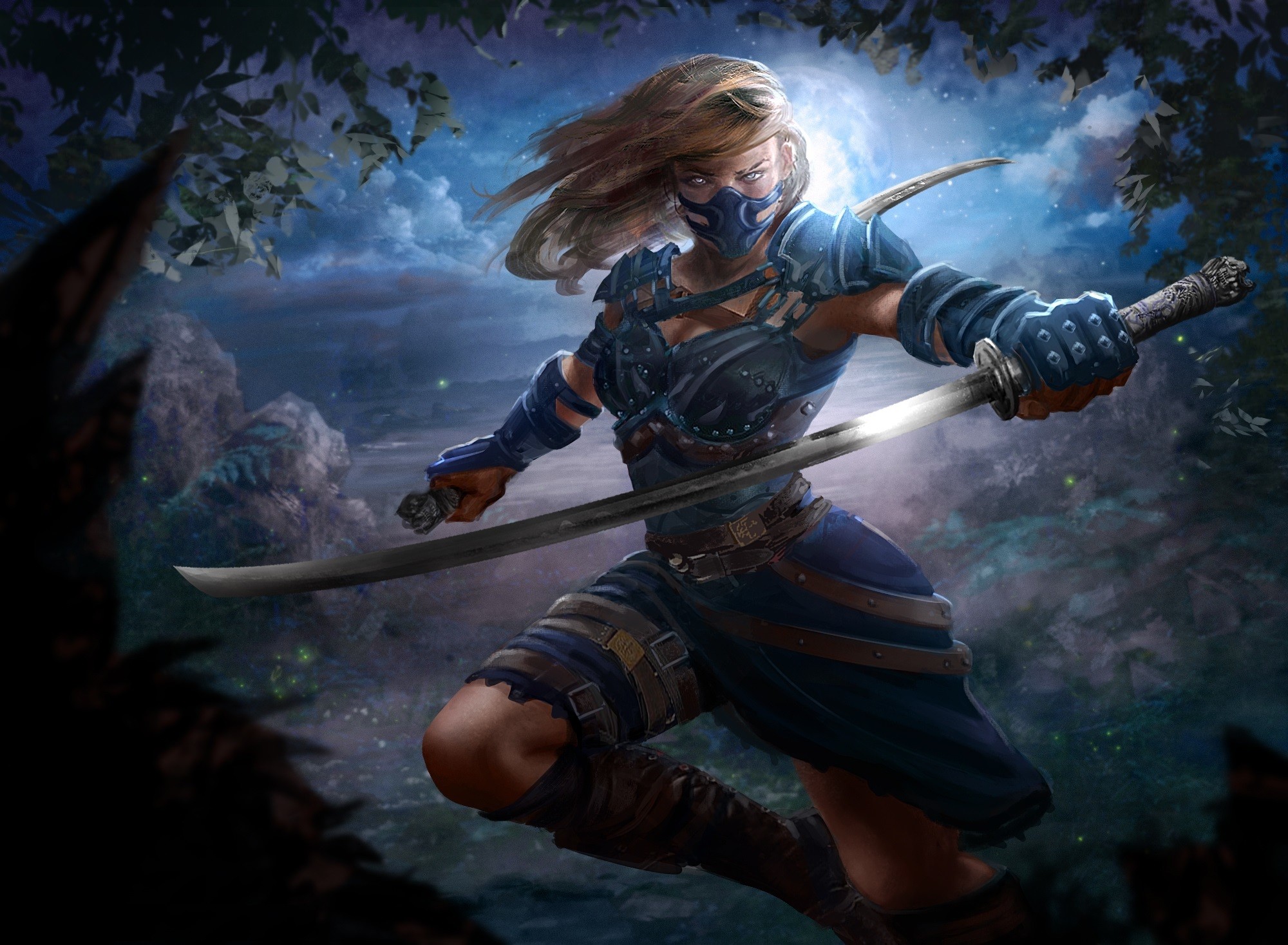 Female ninja with swords in a moonlit forest HD Wallpaper