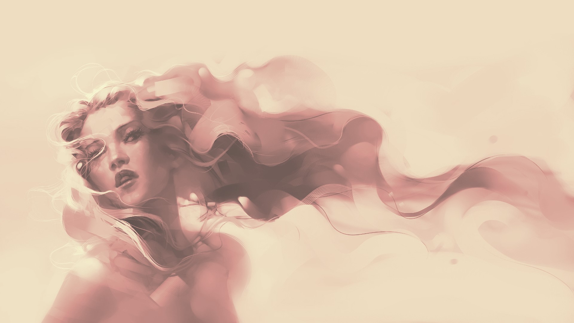 Woman with flowing hair in a pink and beige painting HD Wallpaper