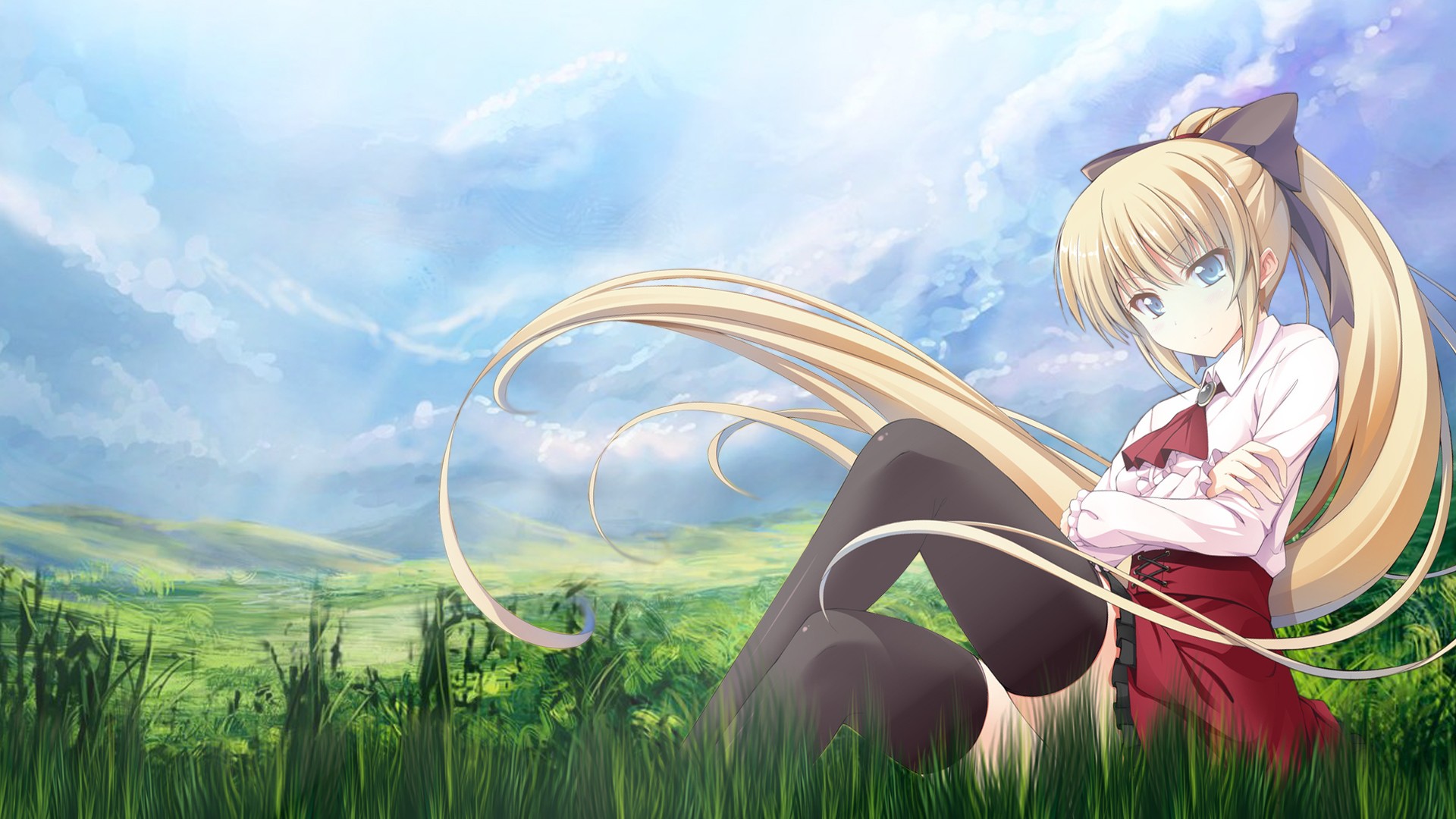 Anime girl with blonde ponytail in a grassy field HD Wallpaper